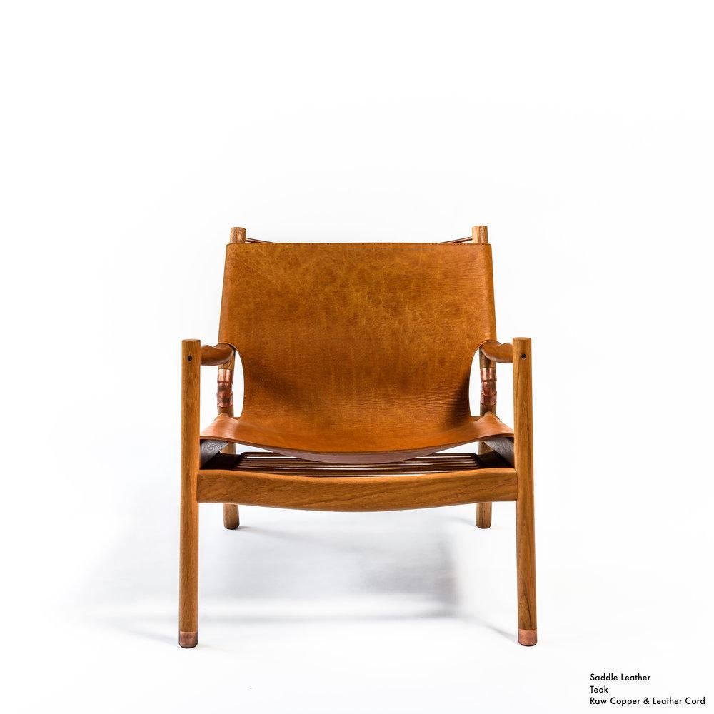 Contemporary Lounge Chair, Cerused White Oak, Nude Saddle Leather and Raw Copper In New Condition For Sale In West Hollywood, CA