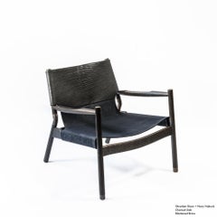 Contemporary Lounge Chair, Charred Oak, Bison and Navy Nubuck & Blackened Brass