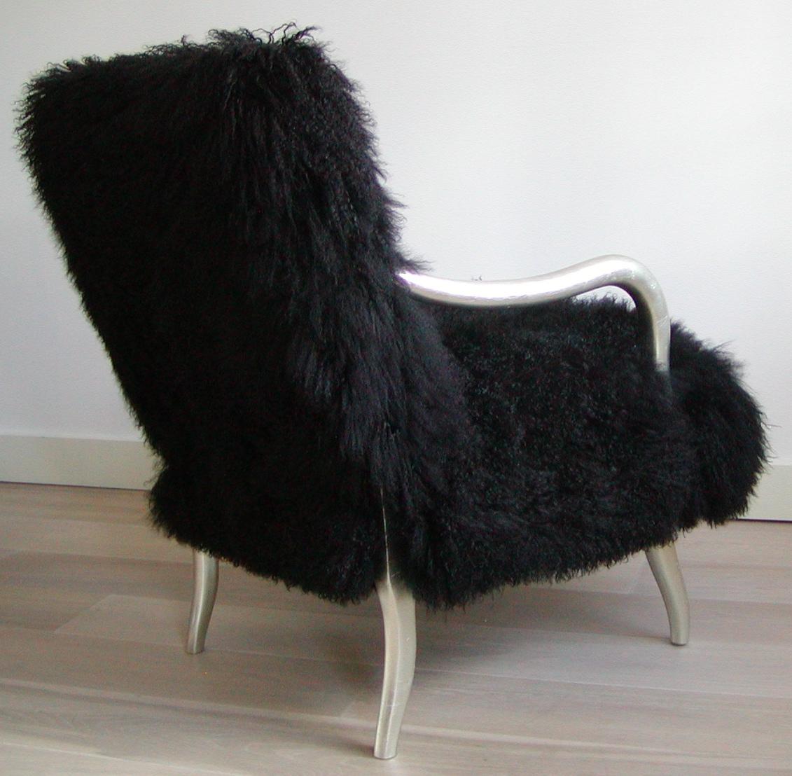 Sheepskin Black Shearling-Covered Contemporary Lounge Chair 