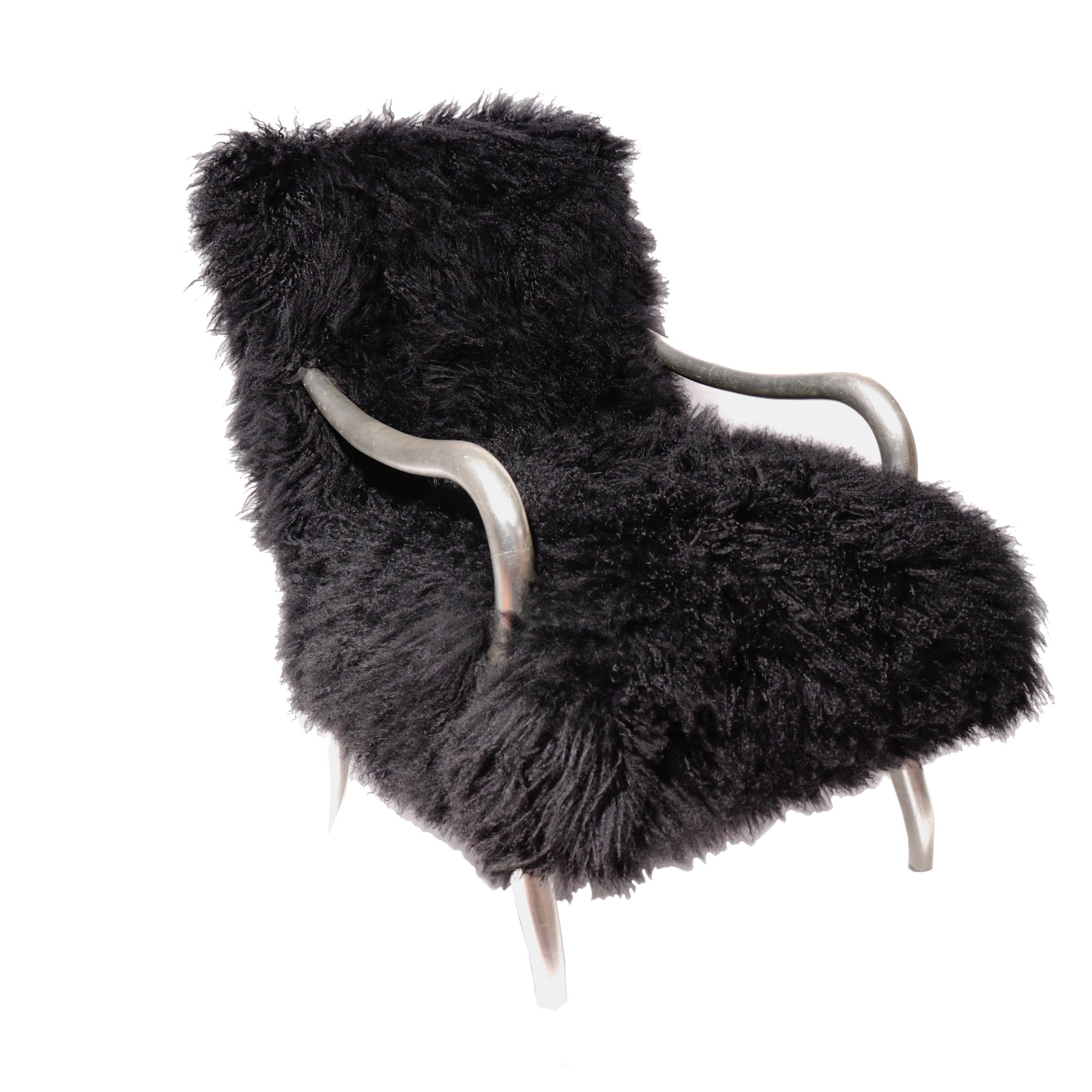 American Classical Black Shearling-Covered Contemporary Lounge Chair 
