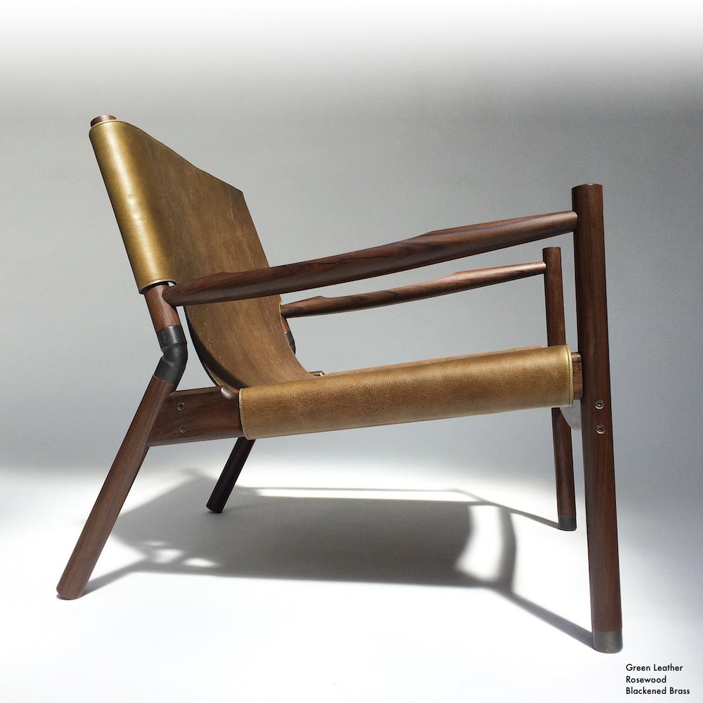Organic Modern Contemporary Lounge Chair, Rosewood, Nubuck Leather and Blackened Brass For Sale