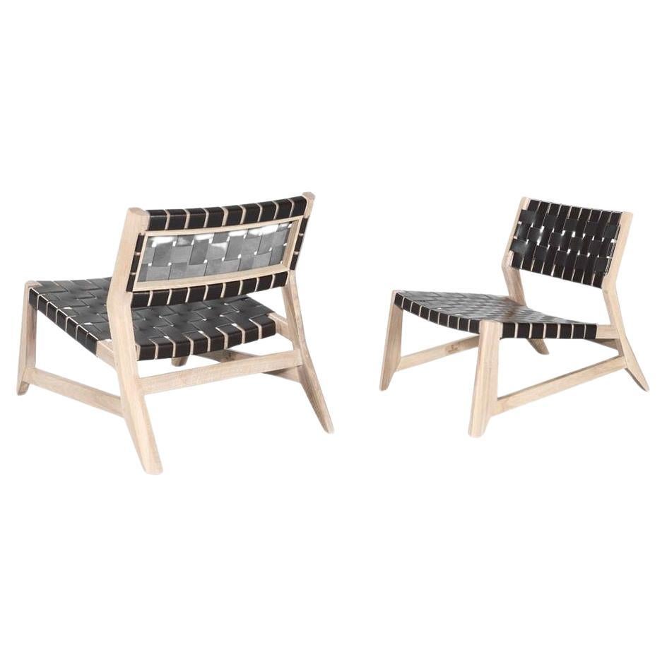 Contemporary Lounge Chair mit Holzstruktur und Lederriemen Sitz (21. Jahrhundert und zeitgenössisch) im Angebot