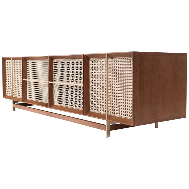 Contemporary Low Board Crafted of Oak and Natural Caning For Sale at