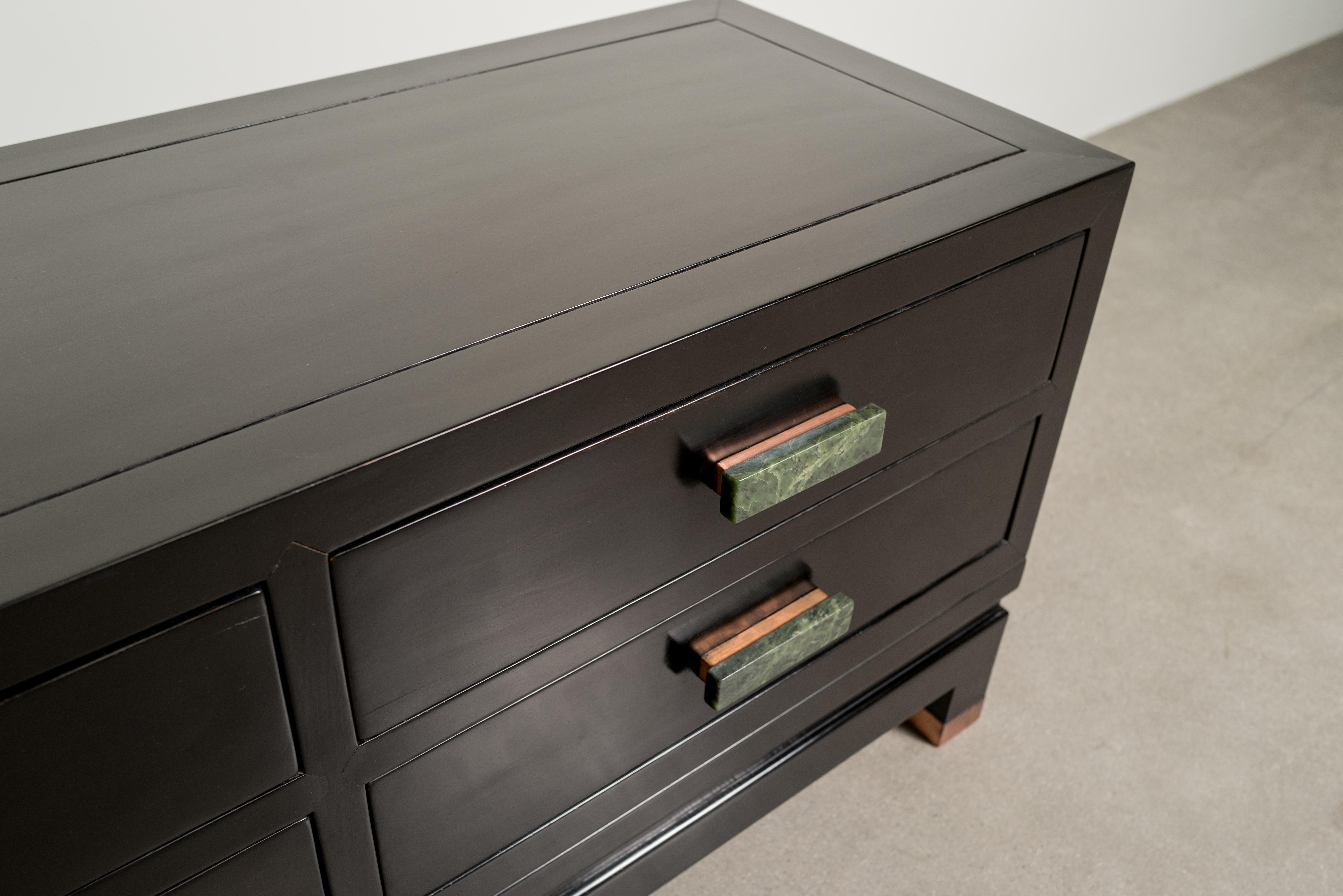 Hand-Carved Contemporary Low Hua Li Cabinet with Jade Handles by Robert Kuo For Sale