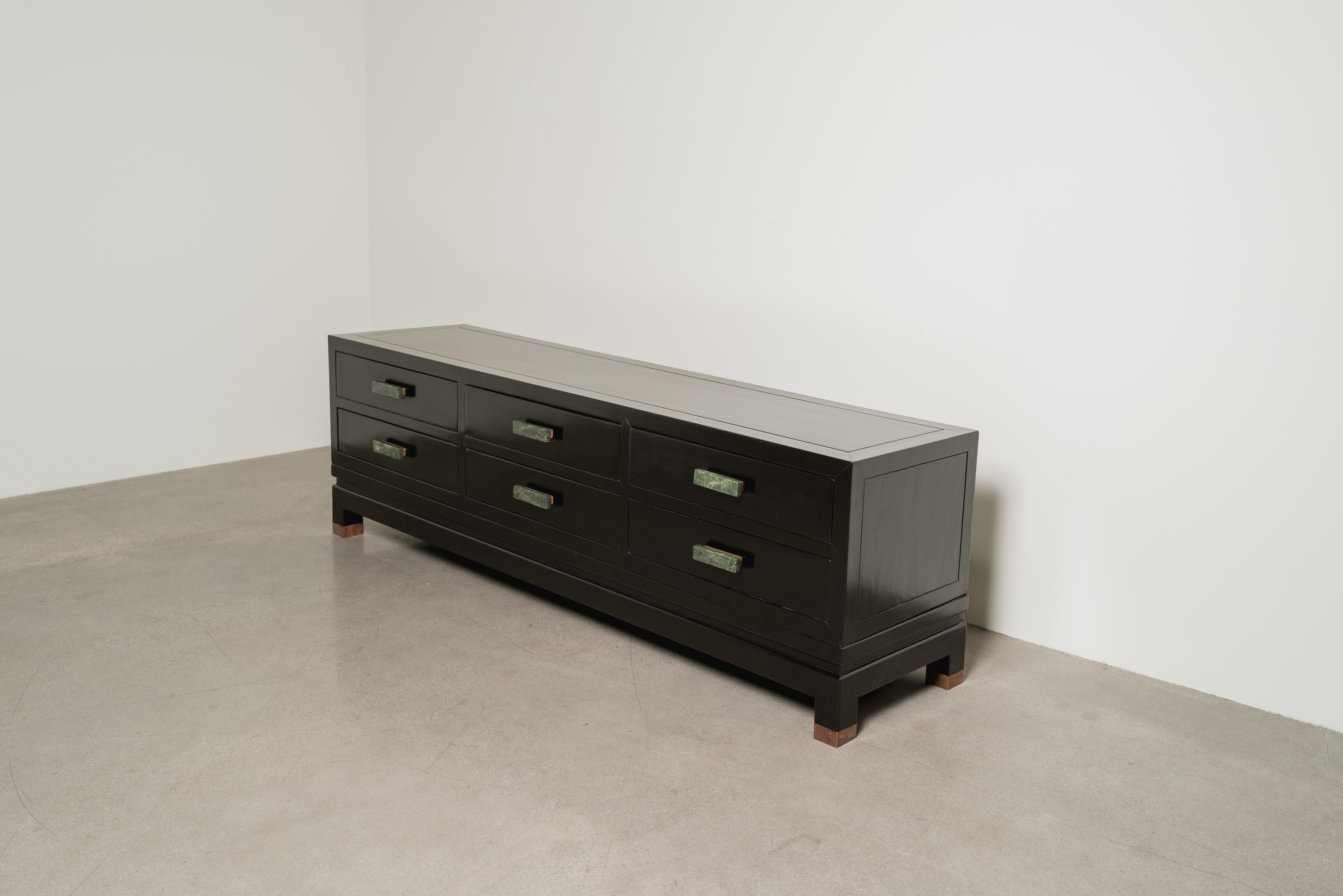 Copper Contemporary Low Hua Li Cabinet with Jade Handles by Robert Kuo For Sale