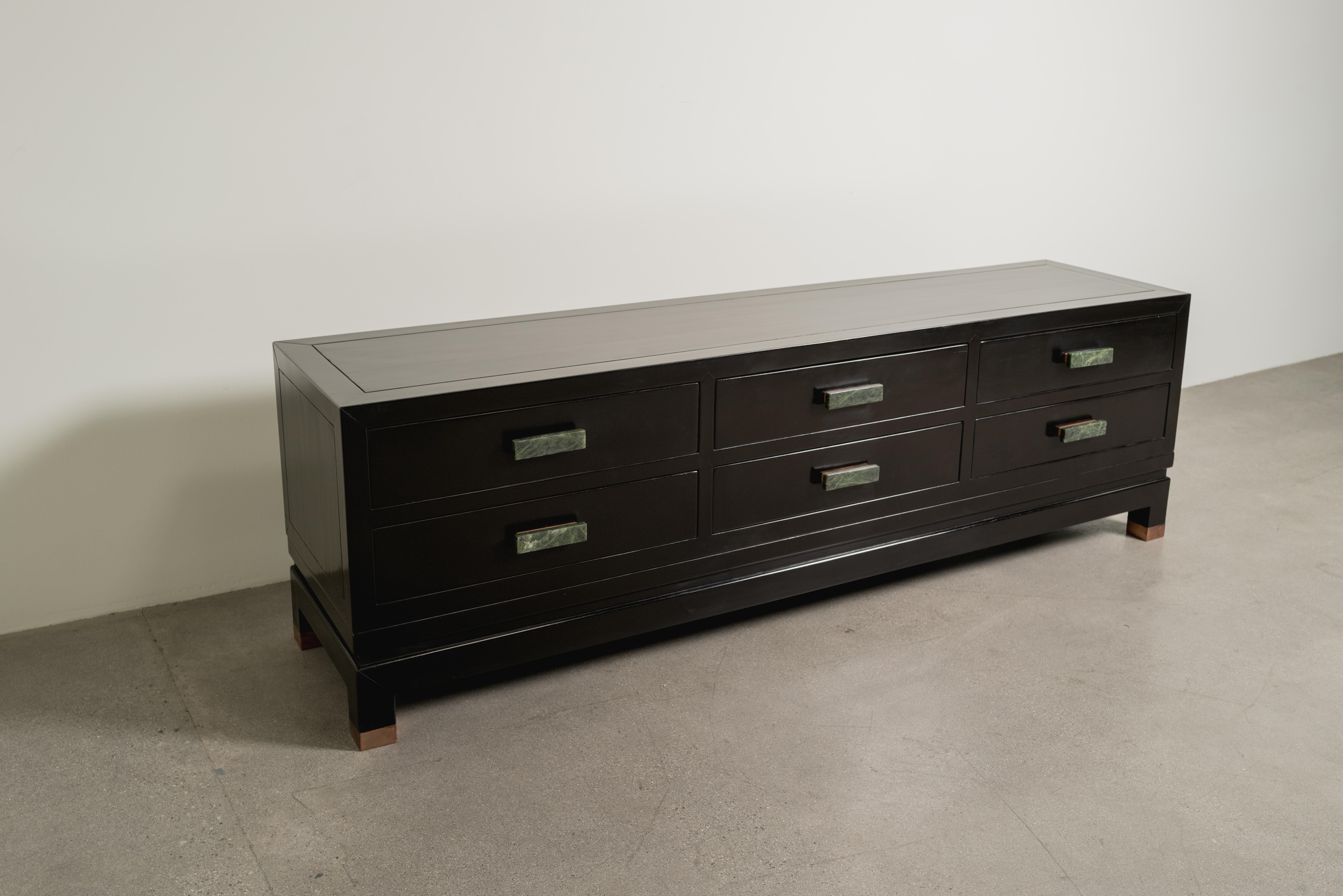 Contemporary Low Hua Li Cabinet with Jade Handles by Robert Kuo For Sale 1