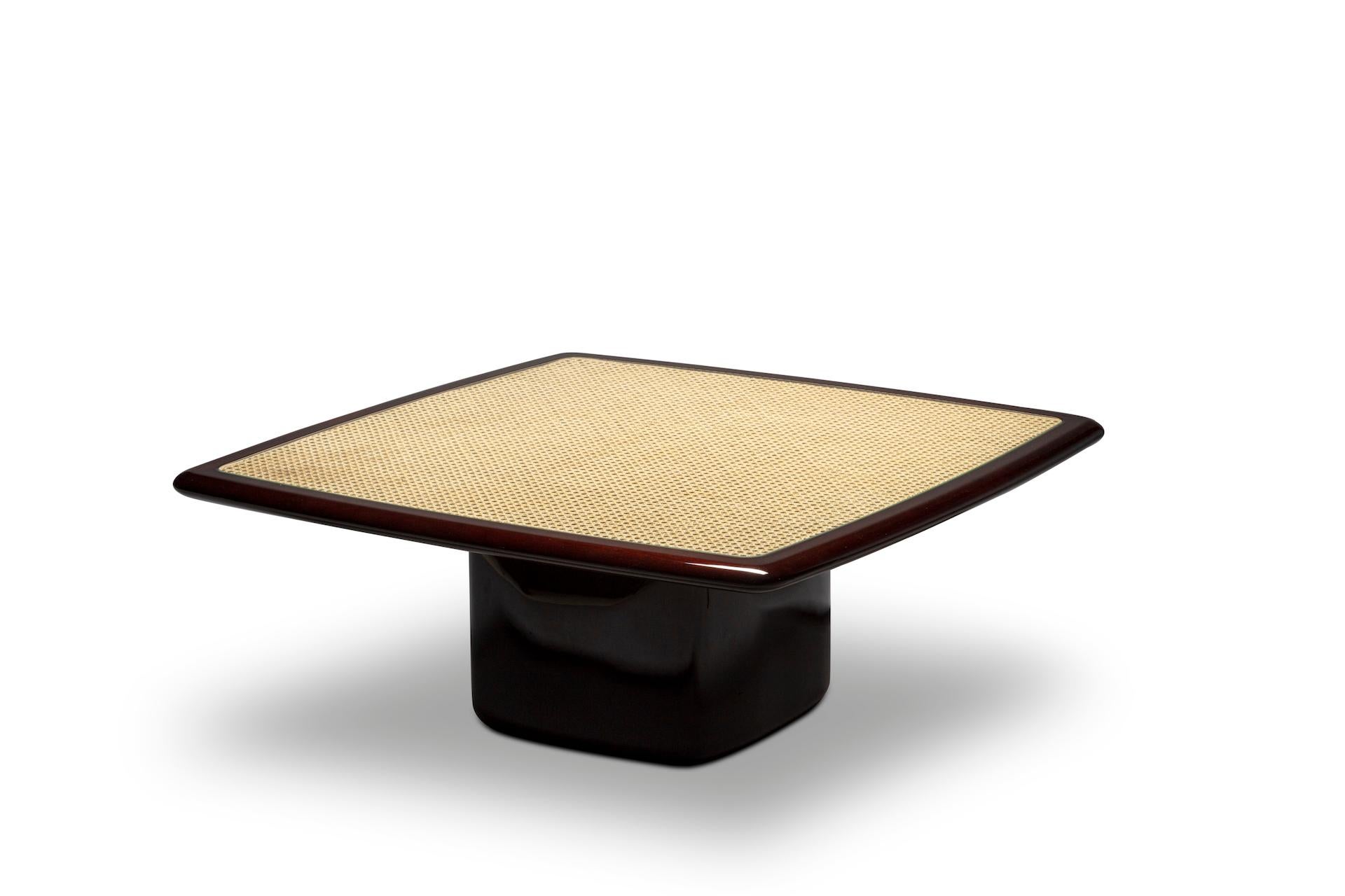 European Contemporary Low Nesting Tables, High Gloss Mahogany/Natural Cane For Sale