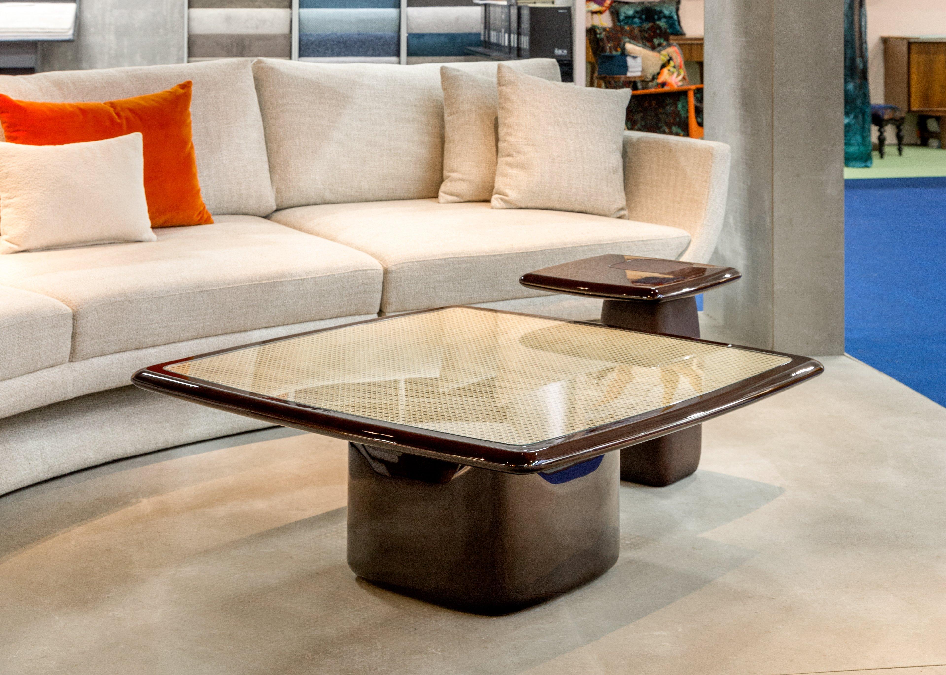 Contemporary Low Nesting Tables, High Gloss Mahogany/Natural Cane In New Condition For Sale In New York, NY