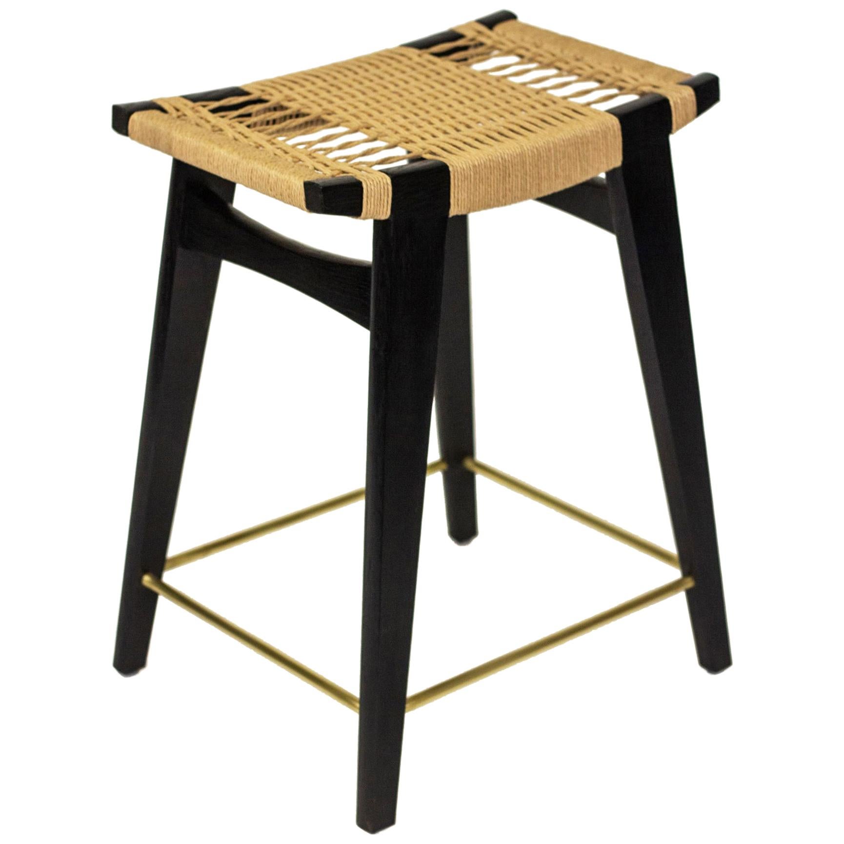 Contemporary lo-pi Bar Stool, Oak with Danish Cord Seat & Brass Foot Rails For Sale