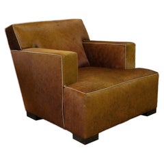 Contemporary Low Profile Cognac Colored Animal Hide Arm Club Chair