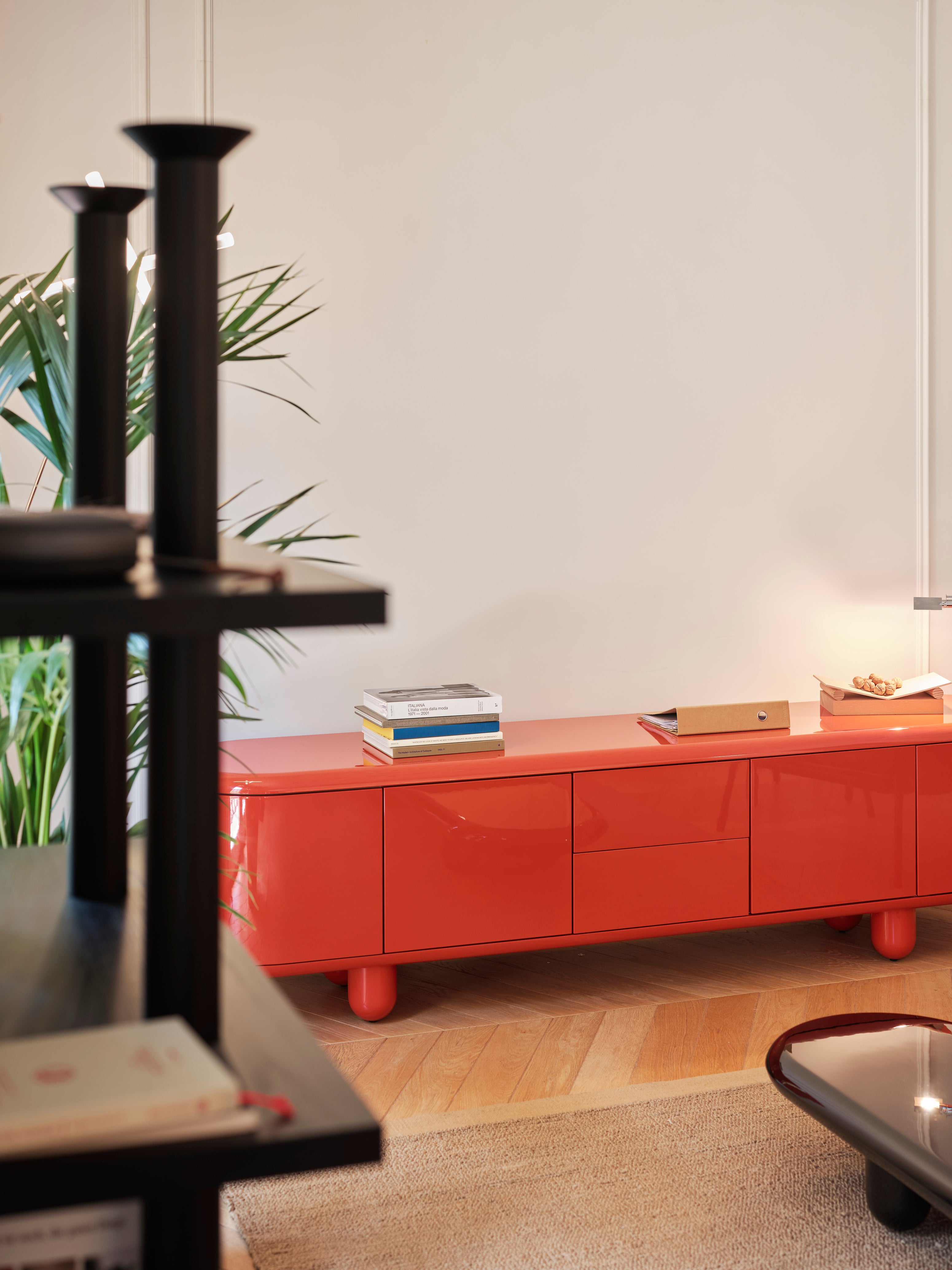 Spanish Contemporary low sideboard buffet by Jaime Hayon lacquered gloss coral red cream For Sale