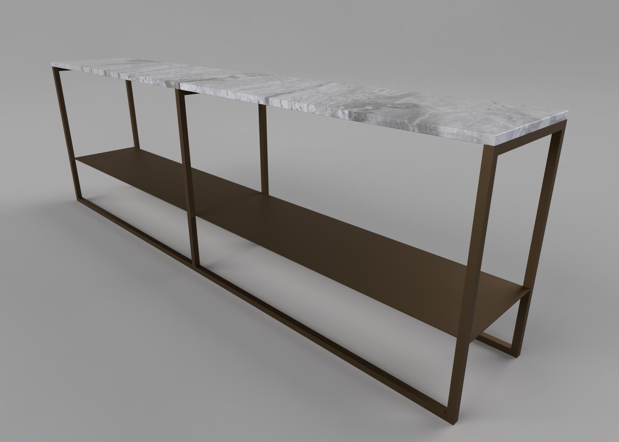 British Contemporary Low Slim Console in Marble and Brass Plated For Sale