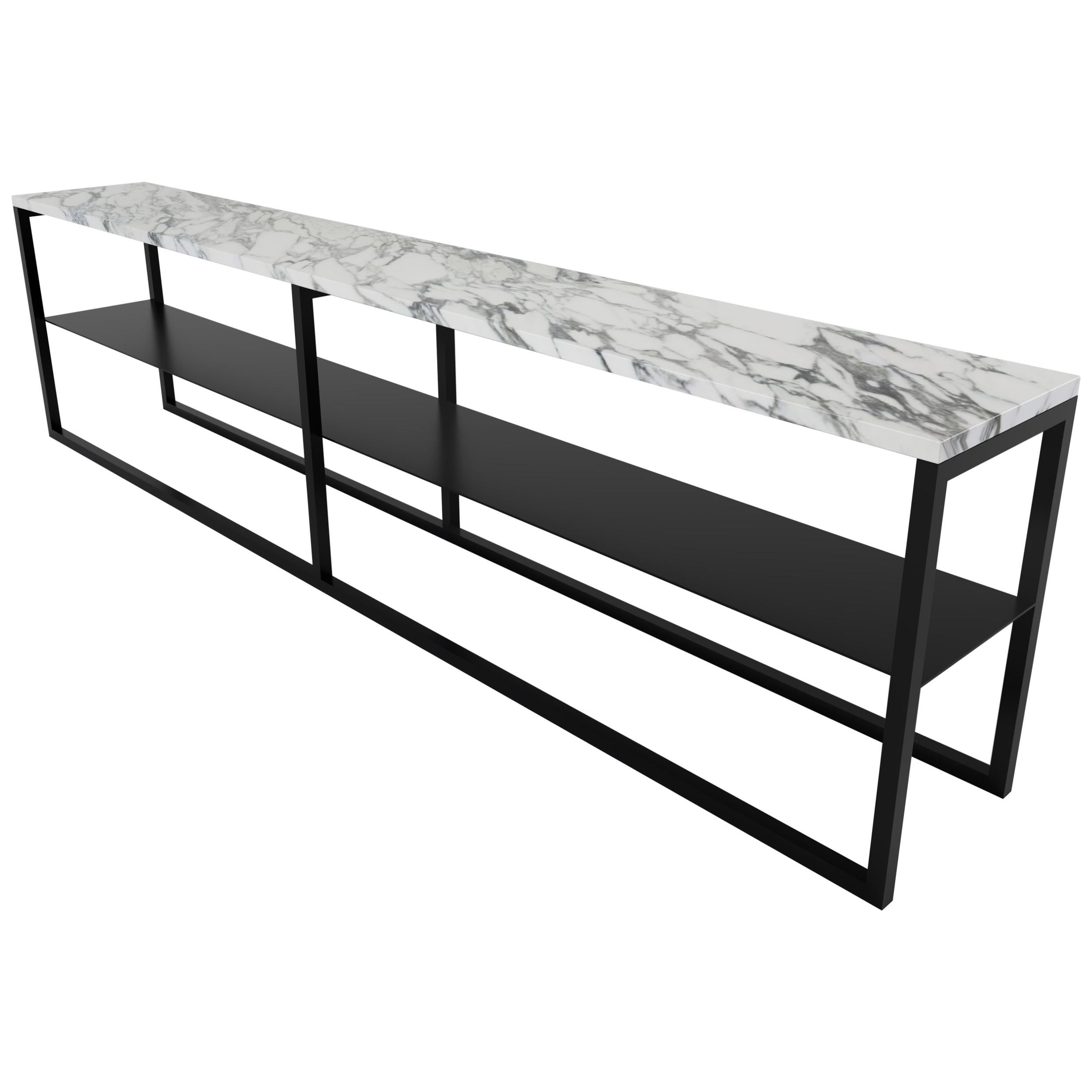 Patinated Contemporary Low Slim Console in Marble and Brass Plated For Sale