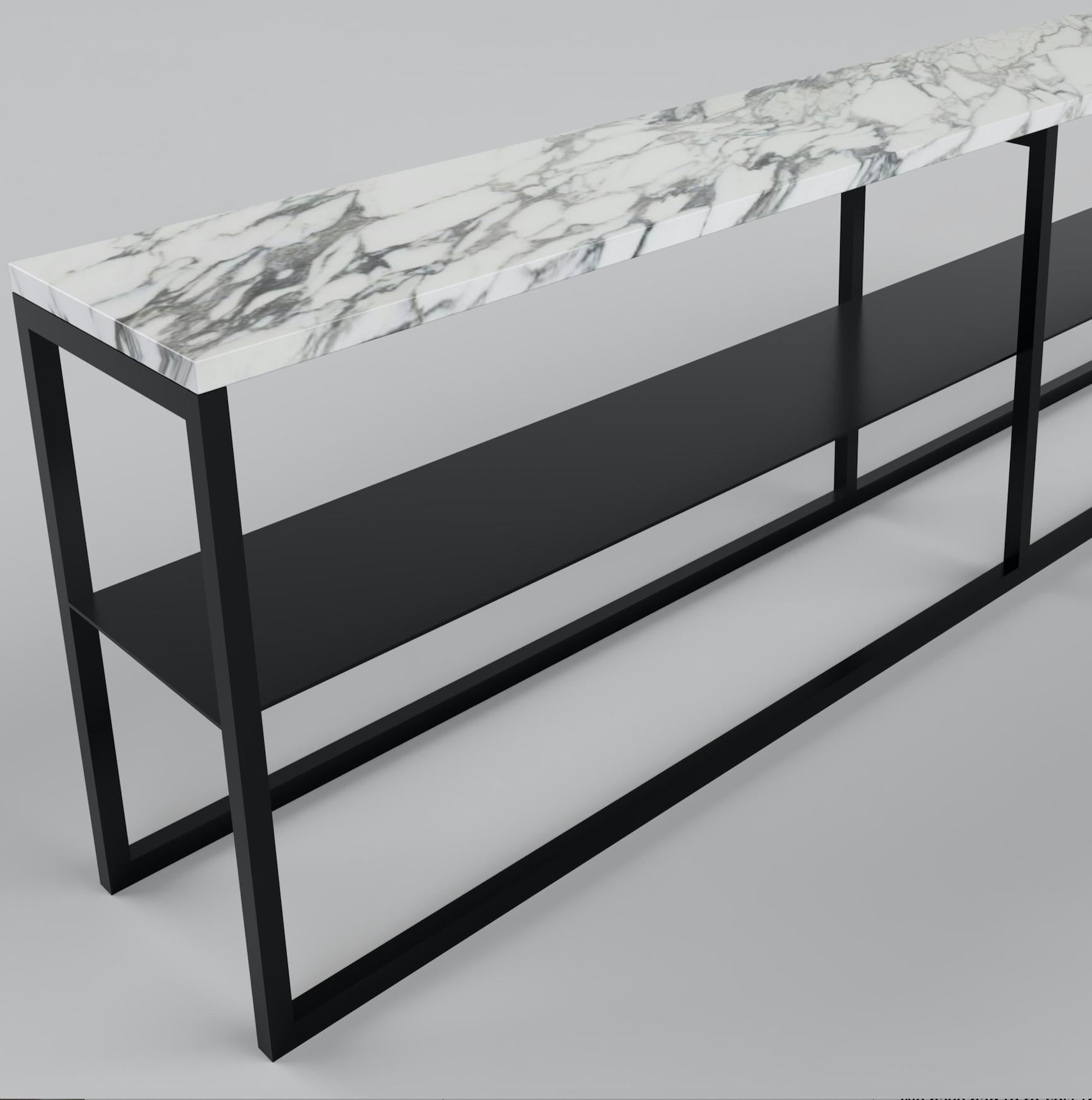 Steel Contemporary Low Slim Console in Marble and Brass Plated For Sale