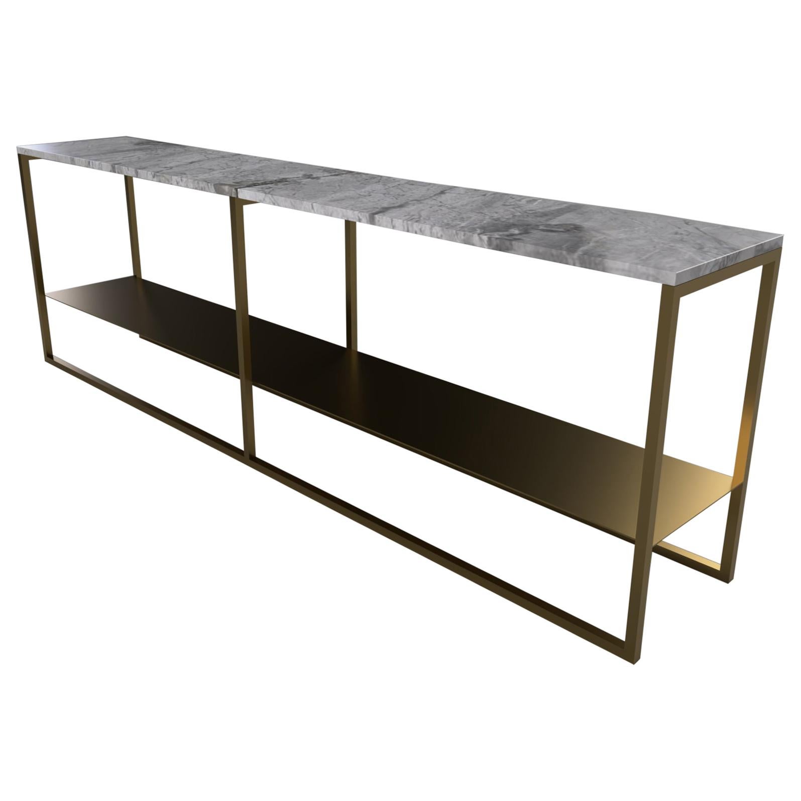 Contemporary Low Slim Console in Marble and Brass Plated For Sale