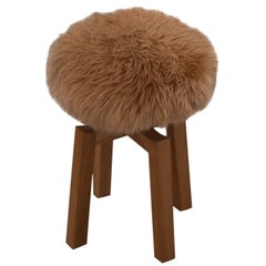 Contemporary Low Stool with Cream Lambskin Upholstering