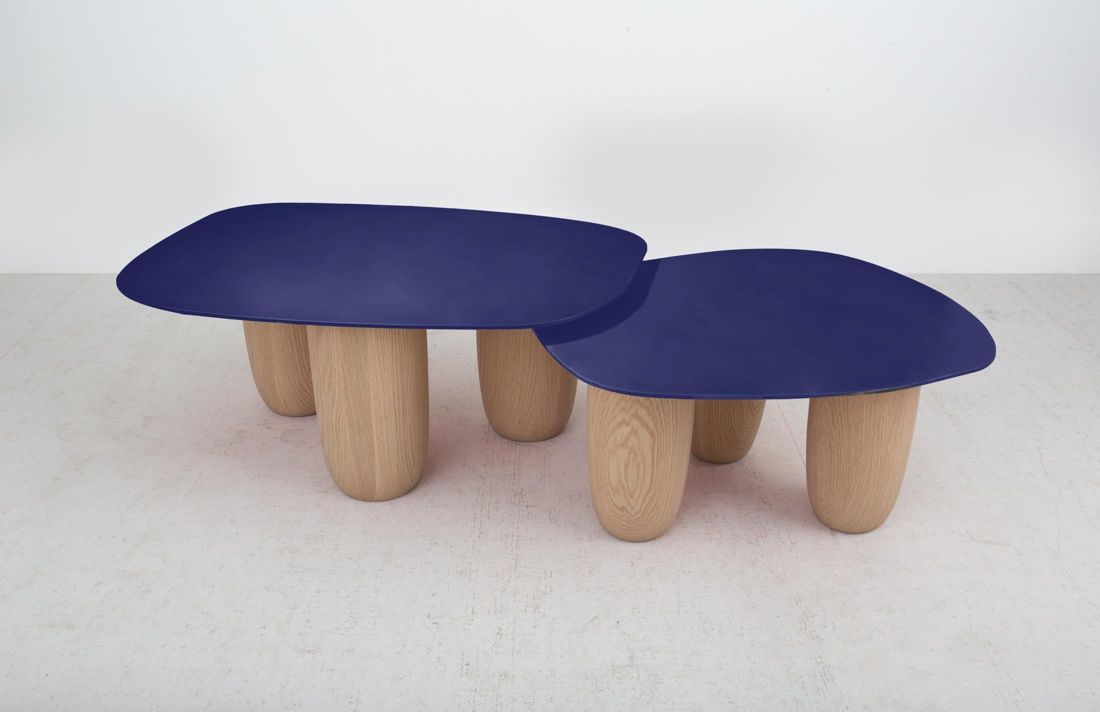 Our contemporary low Sumo table in steel and solid oak are now offered in various finishes. The original Sumo tables were introduced at Design Miami 2020. This design was influenced by Japanese minimalist aesthetics and very much inspired by the
