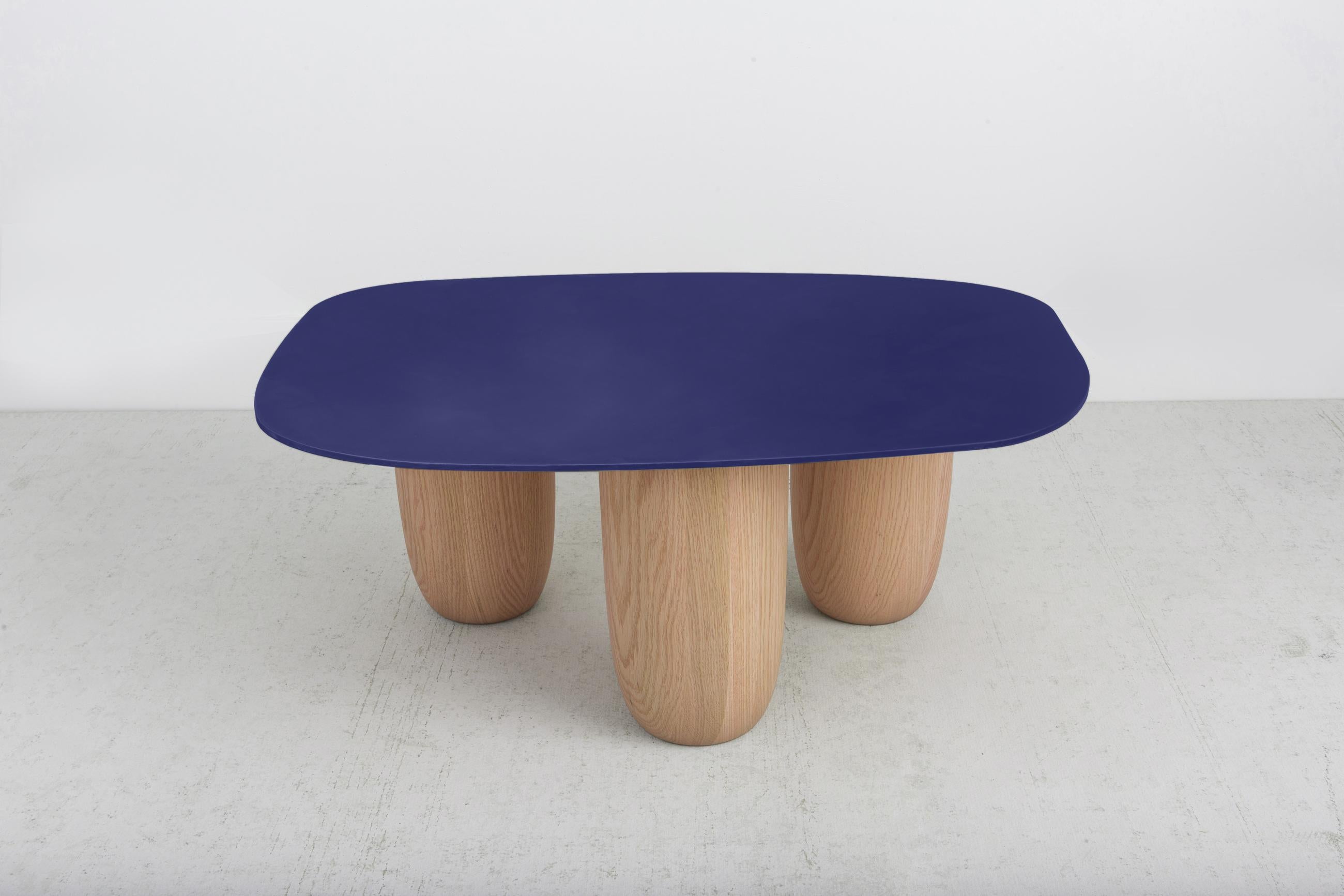 Contemporary Low Table Blue Steel Top with Natural Oak Legs by Vivian Carbonell 1
