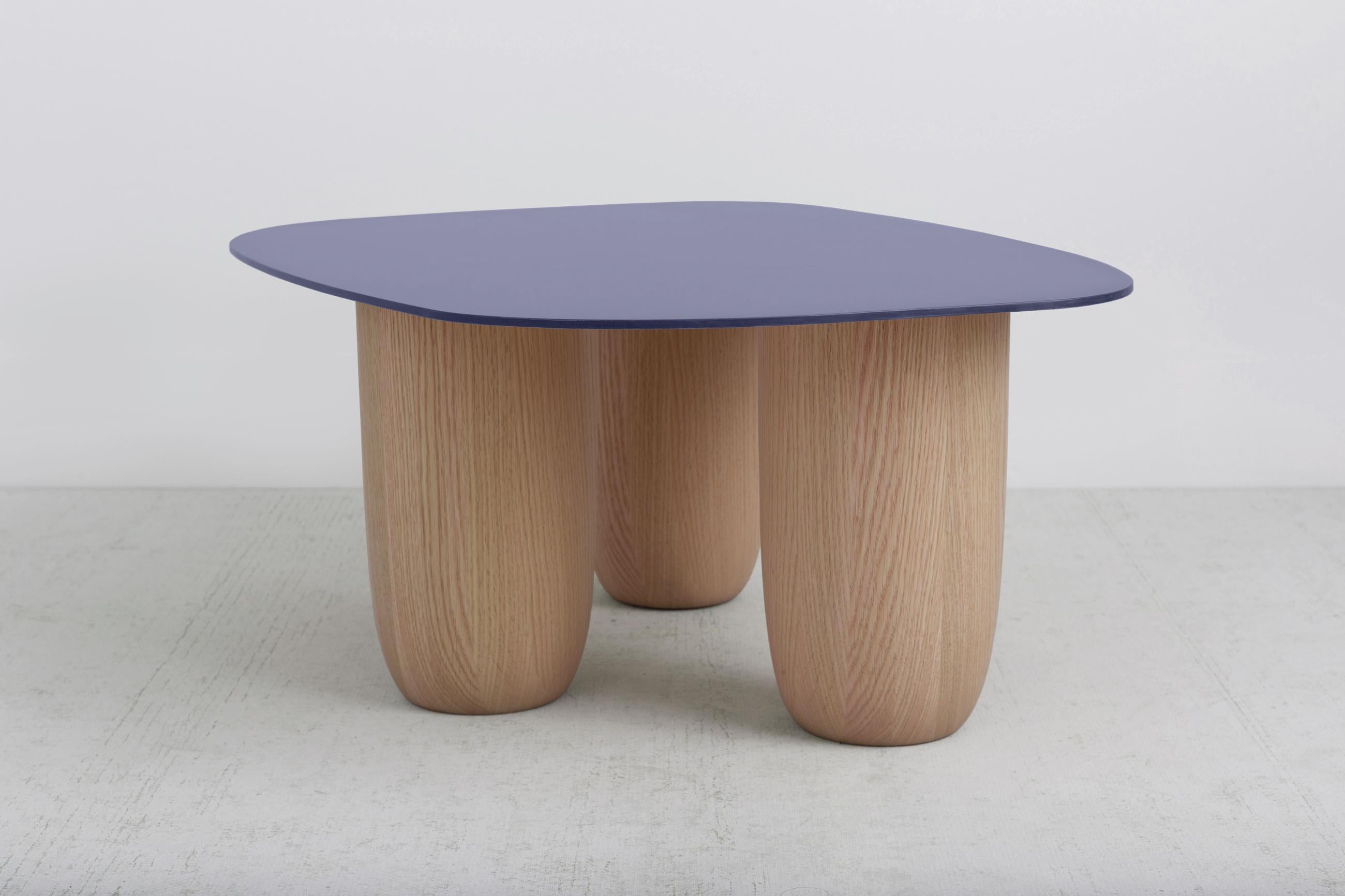 Powder-Coated Contemporary Low Table Blue Steel Top with Natural Oak Legs by Vivian Carbonell