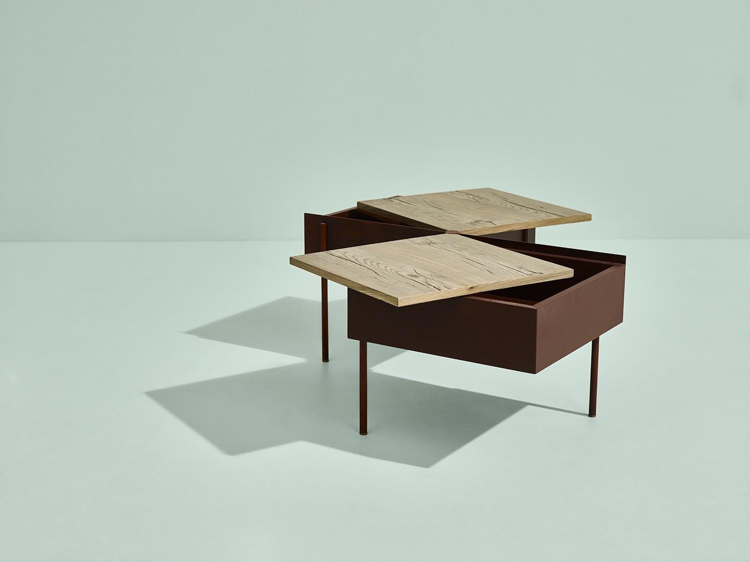 Modern Contemporary Low Table, Etched Brass, Pivoting Doors, Stone Elm Shelves
