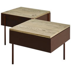 Contemporary Low Table, Etched Brass, Pivoting Doors, Stone Elm Shelves