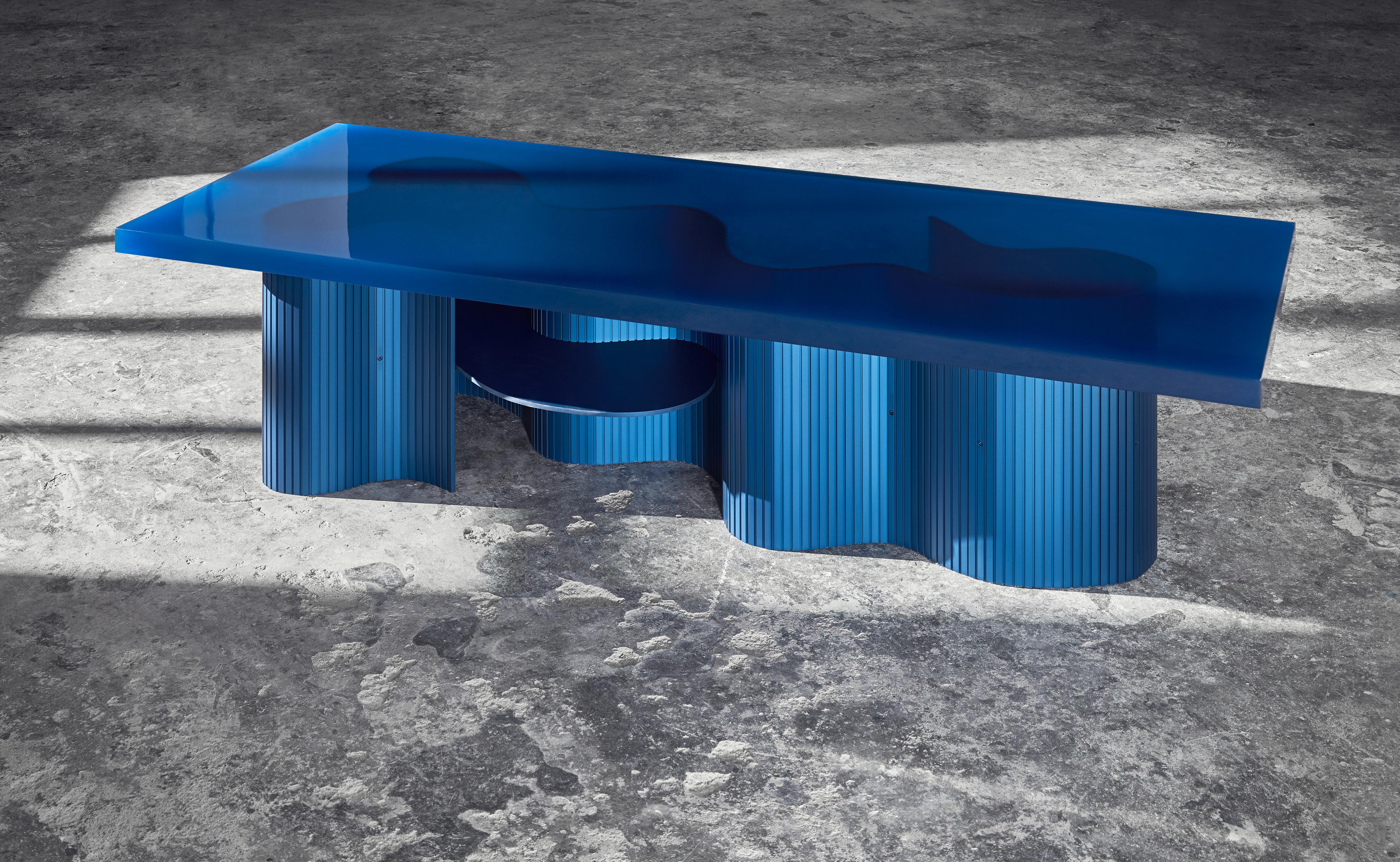Post-Modern Contemporary Low Table with Shelves, Blue Polished Resin, by Erik Olovsson For Sale