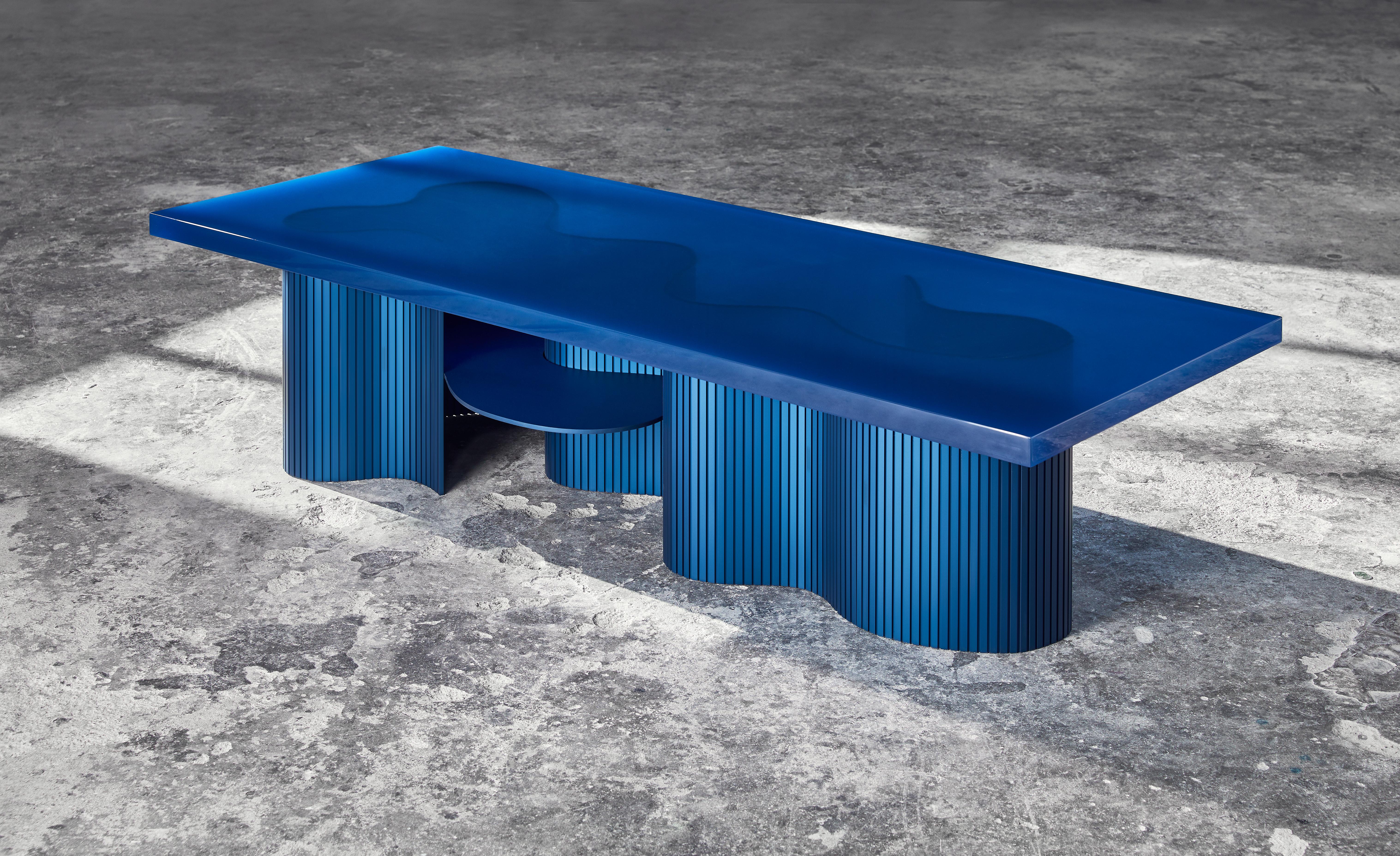 Dutch Contemporary Low Table with Shelves, Blue Polished Resin, by Erik Olovsson For Sale