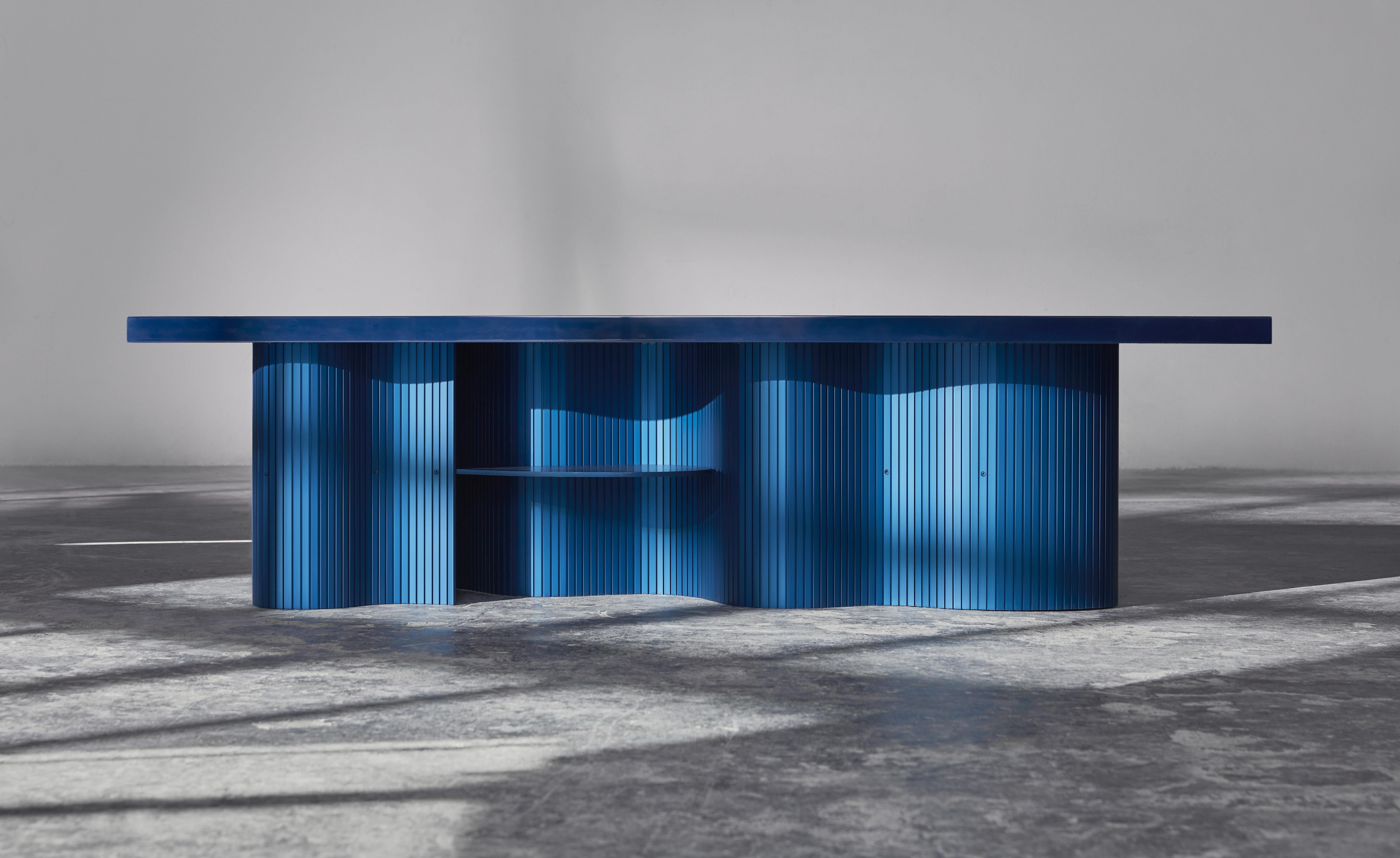 Anodized Contemporary Low Table with Shelves, Blue Polished Resin, by Erik Olovsson For Sale