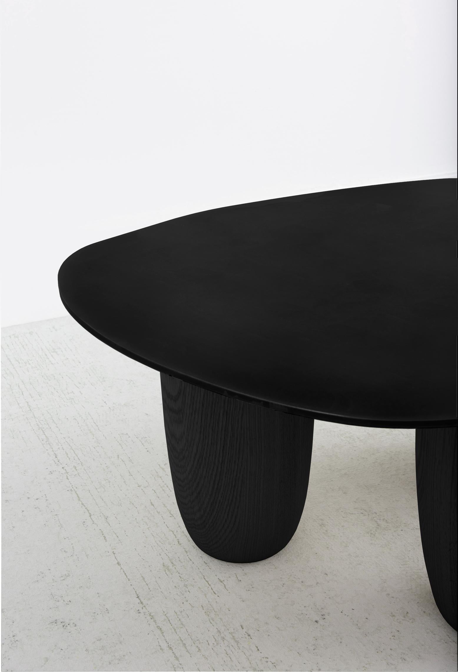 Ebonized Contemporary Low Tables in Matte Black Steel and Oak Legs by Vivian Carbonell For Sale