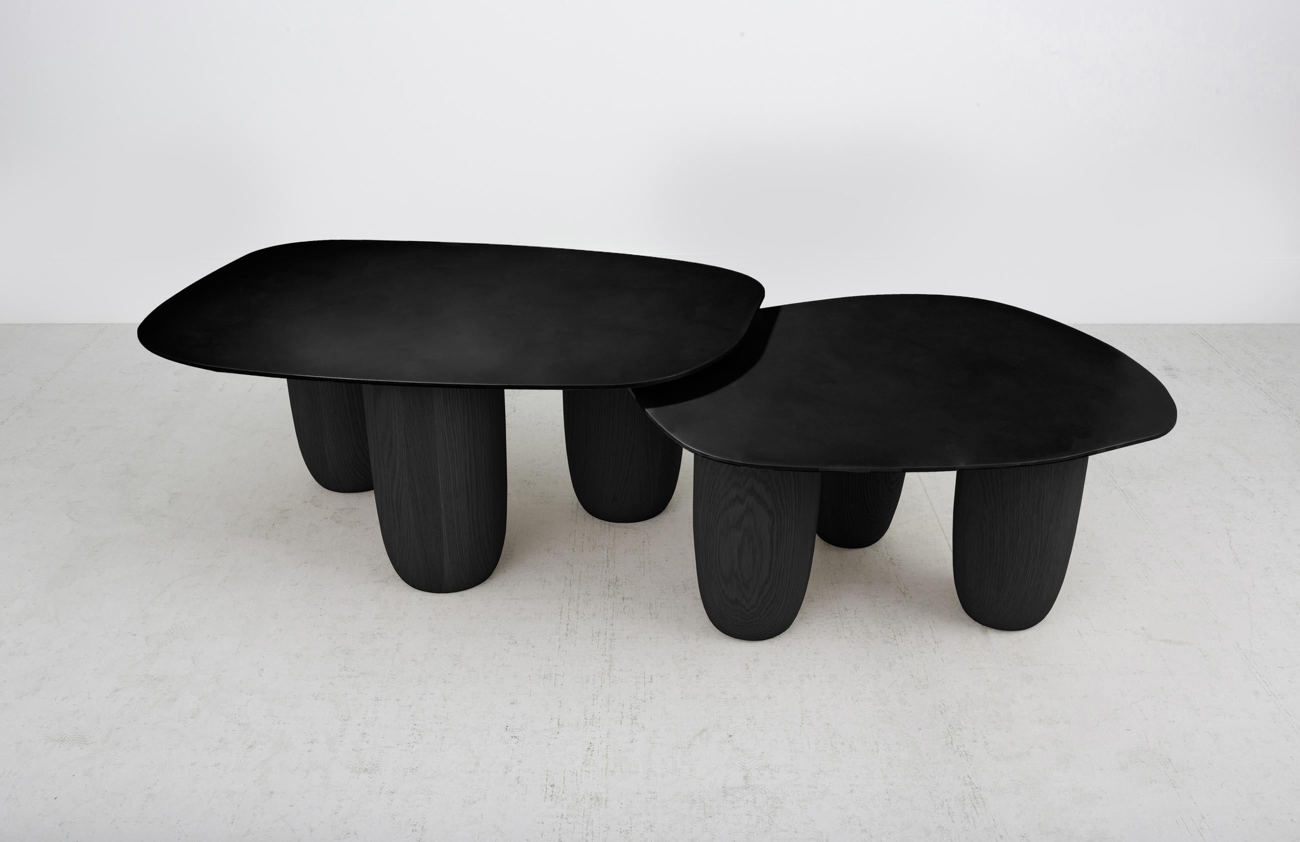 Contemporary Low Tables in Matte Black Steel and Oak Legs by Vivian Carbonell For Sale 4