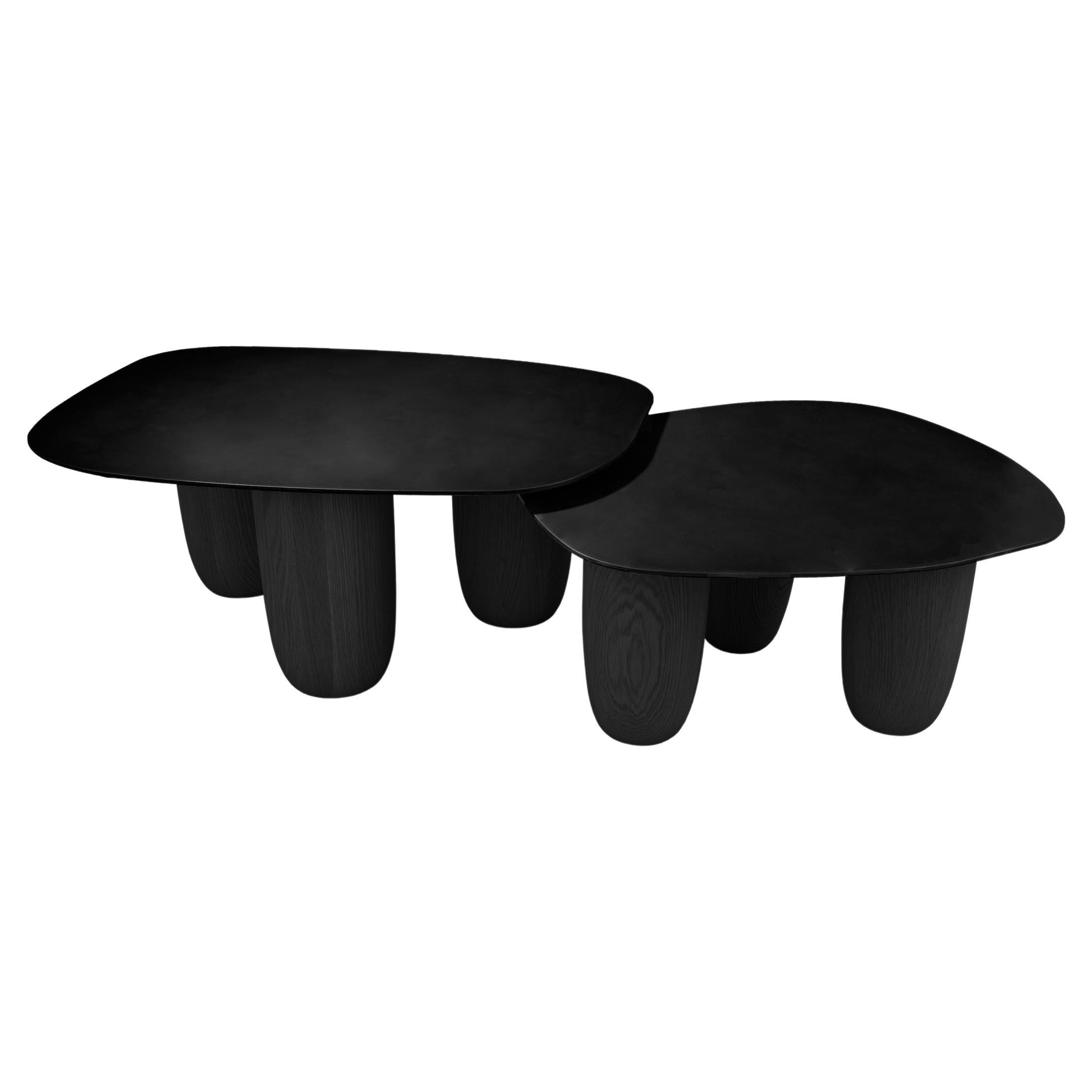 Contemporary Low Tables in Matte Black Steel and Oak Legs by Vivian Carbonell