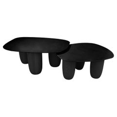 Contemporary Low Tables in Matte Black Steel and Oak Legs by Vivian Carbonell