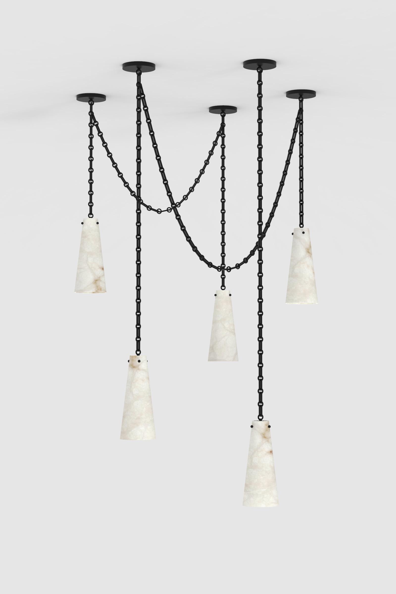 Orphan Work 202A-5 chandelier BLK, 2021
Shown in alabaster with blackened brass
Available in brushed brass and blackened brass
Measures: 15” H x 6 1/2” W
Height and width to order*
Canopy 6