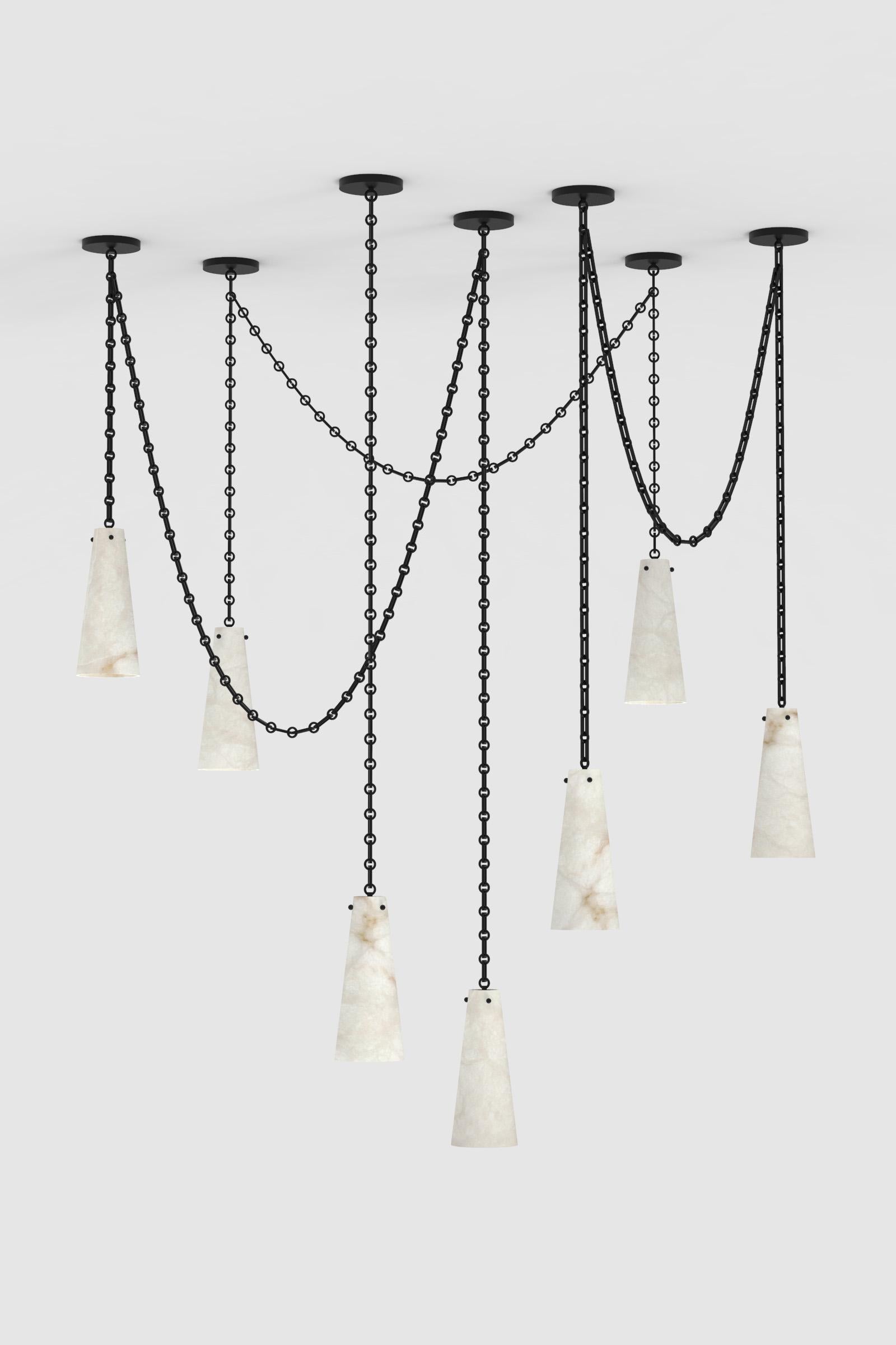 Orphan work 202A-7 chandelier BLK, 2021
Shown in alabaster with blackened brass
Available in brushed brass and blackened brass
Measures: 15” H x 6 1/2” W
Height and width to order*
Canopy 6