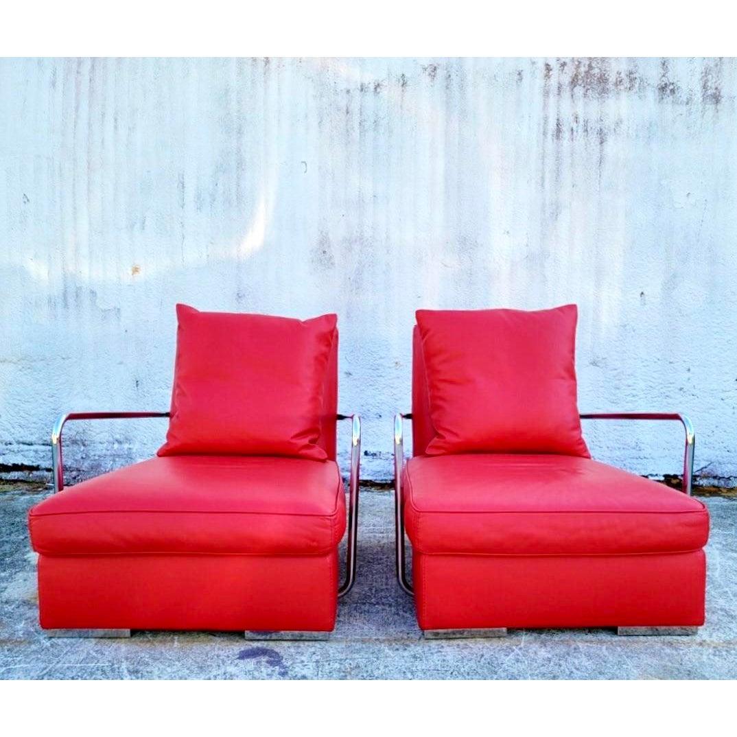 Contemporary Luciano Frigerio Chrome and Leather Lounge Chairs, a Pair In Good Condition In west palm beach, FL