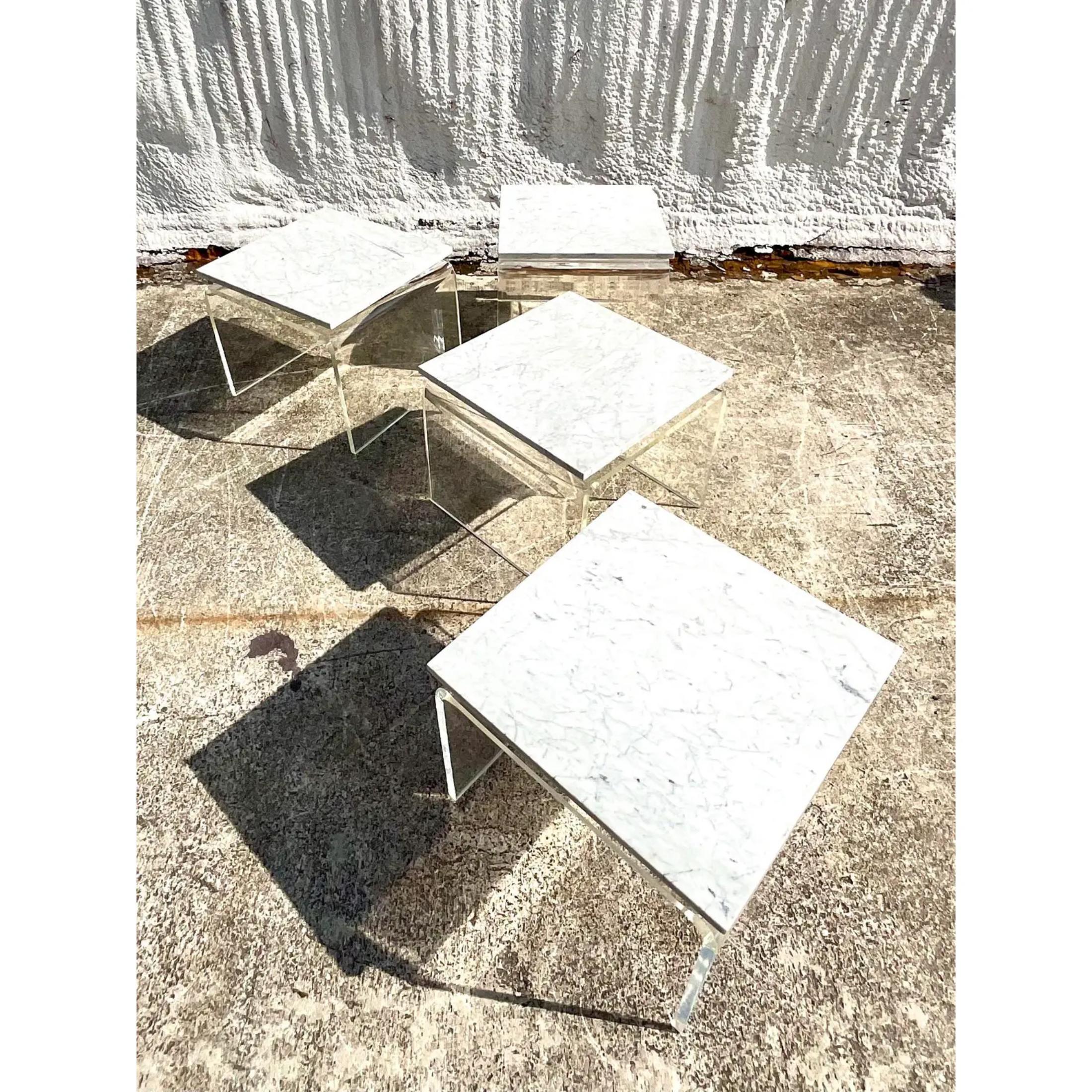 American Contemporary Lucite and Marble Side Tables - a Pair