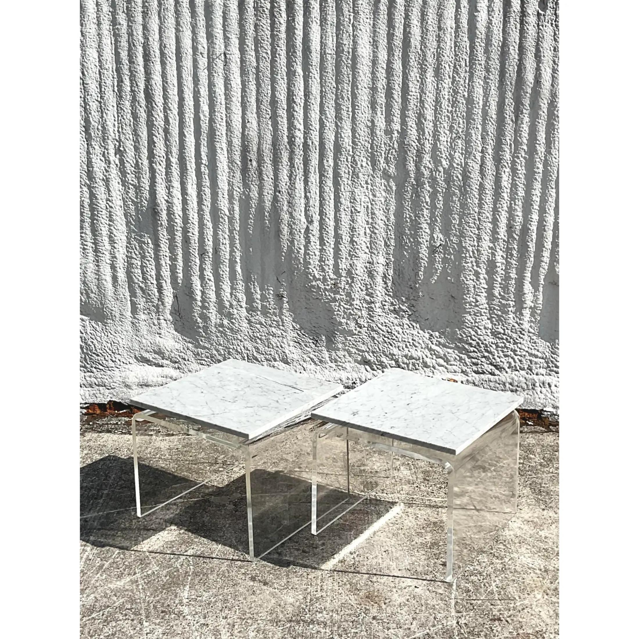 20th Century Contemporary Lucite and Marble Side Tables - a Pair