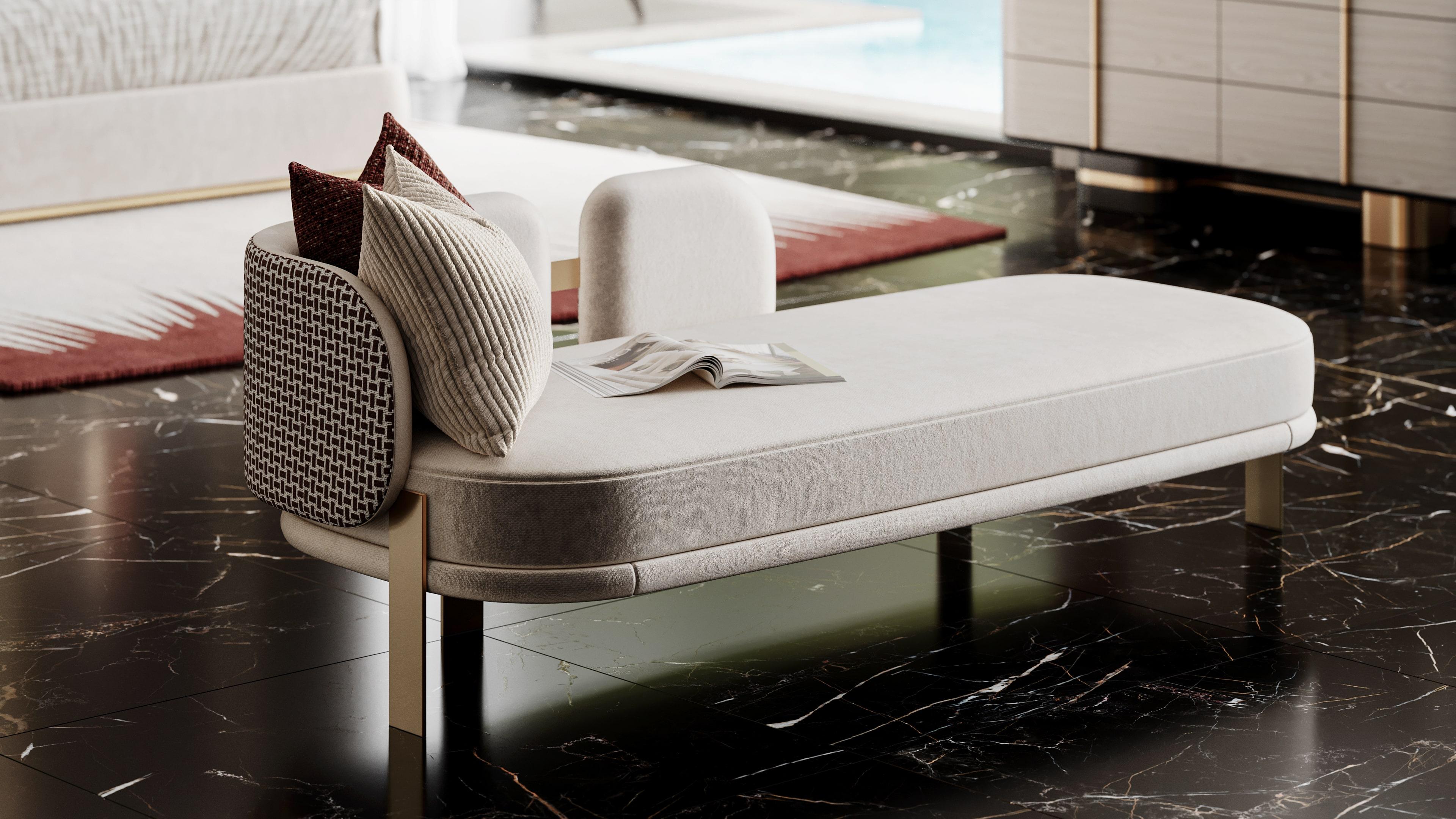 Lunara Daybed is an invitation to linger, marrying sculptural poise with cloud‑like comfort. Its elongated, low‑profile silhouette appears to glide above the floor on slender, hand‑polished brass legs that catch the light like jewelry—an elegant