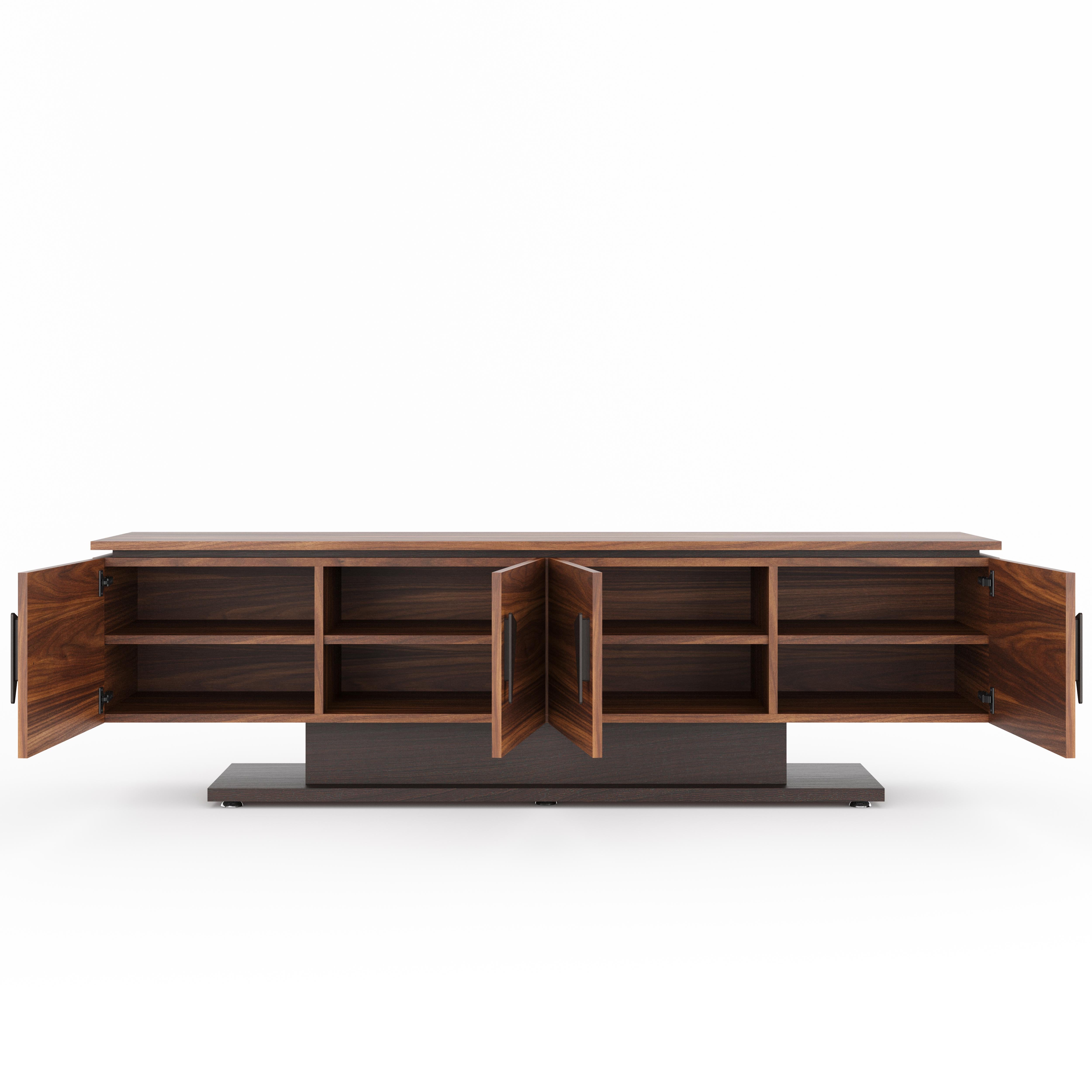Polacco Credenza di lusso contemporanea in noce e impiallacciatura di wengé - Realizzata a mano con un sistema di archiviazione premium in vendita