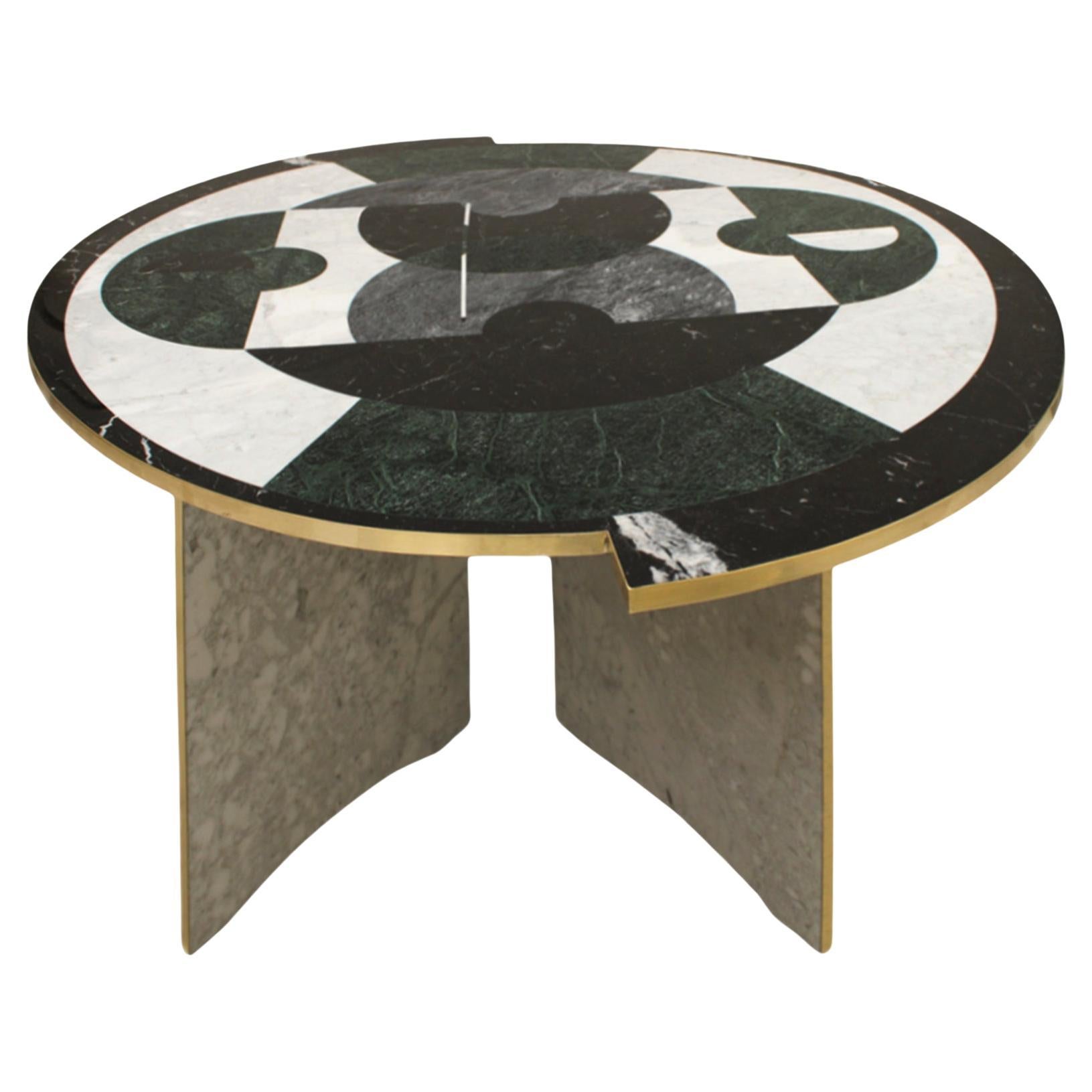 Contemporary Rare Round Italian Table Made of Marble Marquetry Marble and Brass For Sale