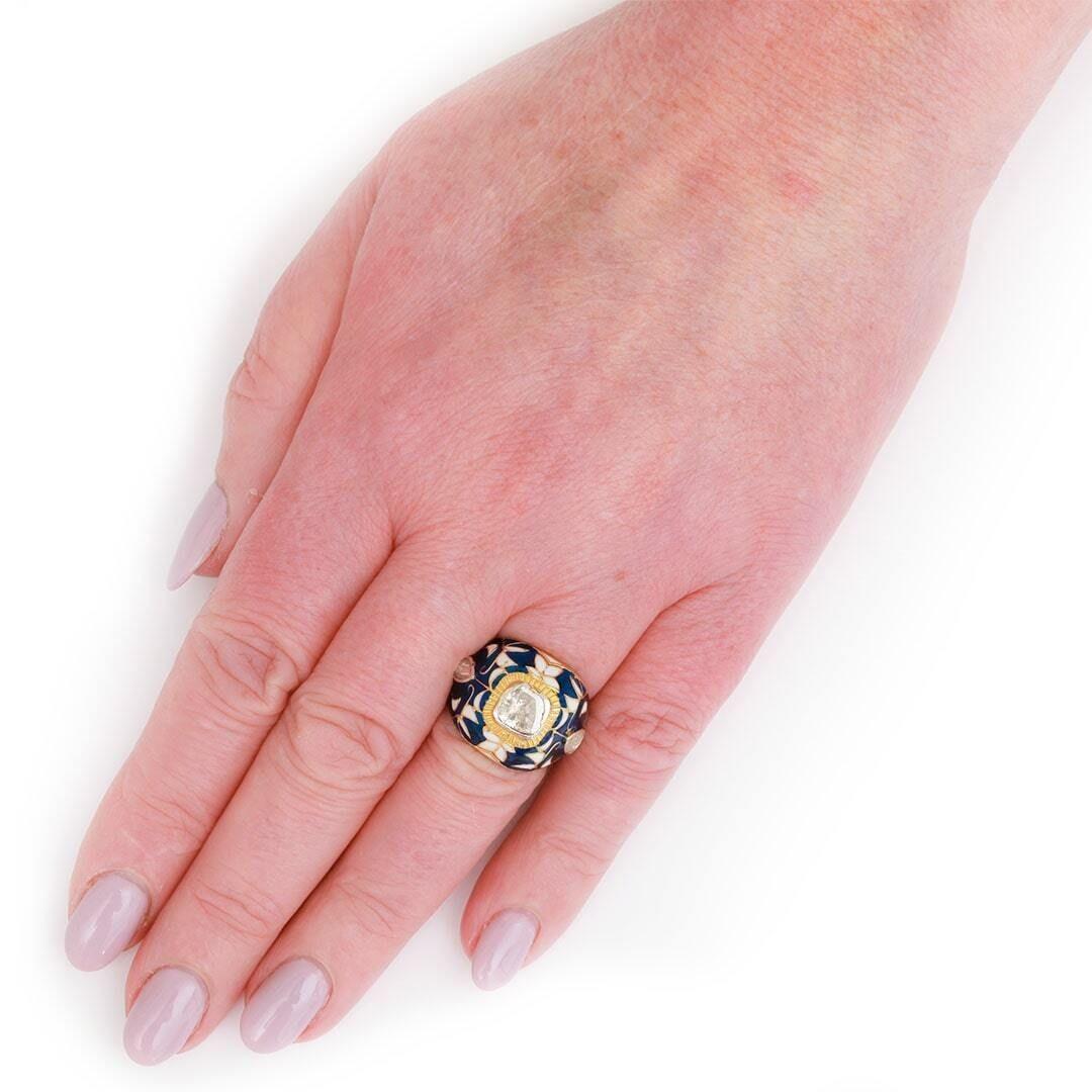 Contemporary Maghal Polki Rose Cut Diamond and Enamel Bombe Ring 5