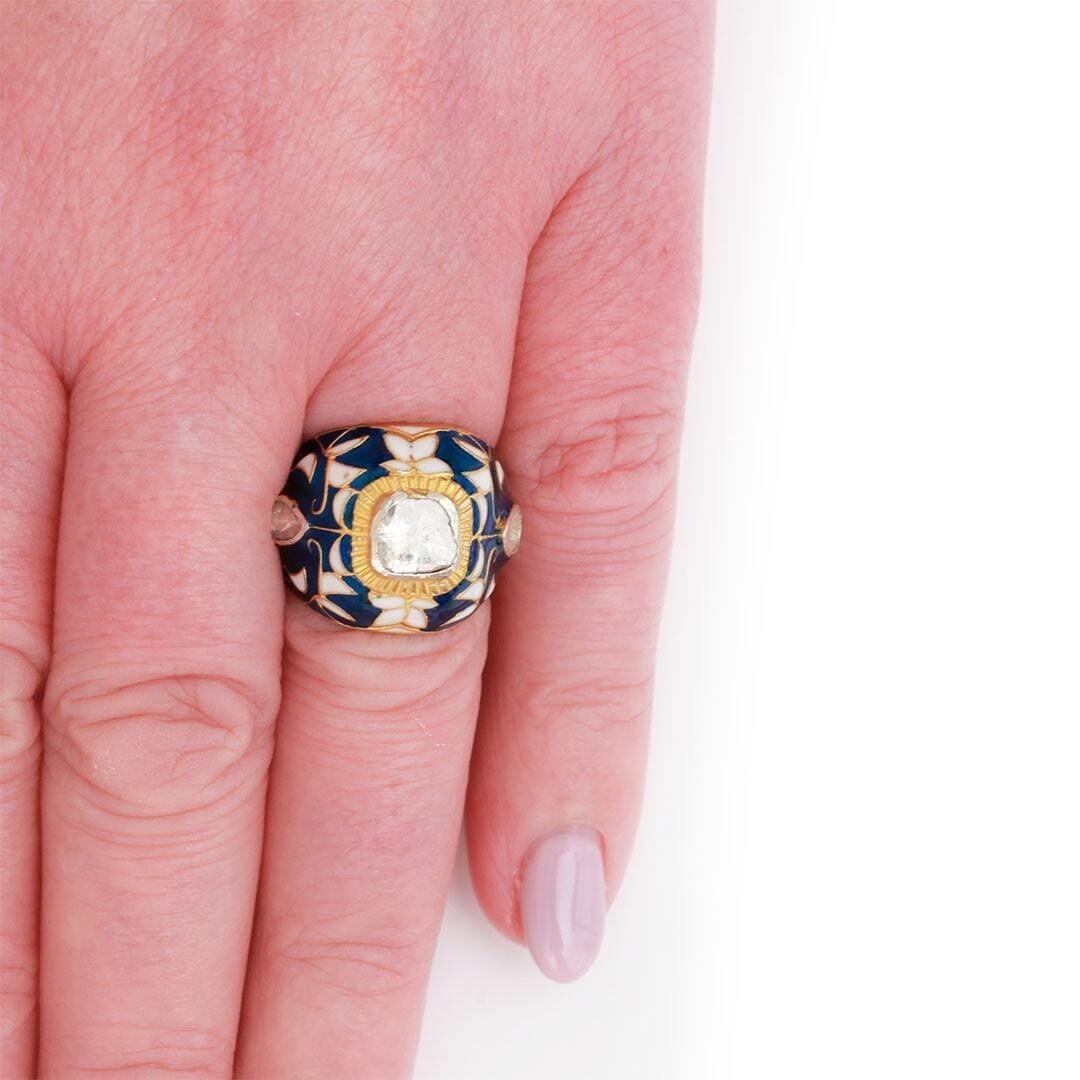 Zeitgenössischer Maghal Polki Bombe-Ring mit Diamanten im Rosenschliff und Emaille 7