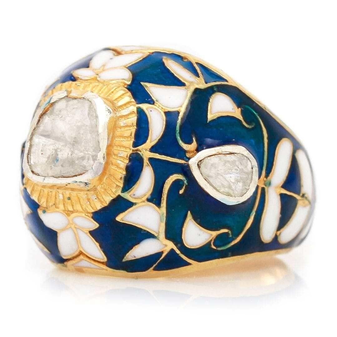 Zeitgenössischer Maghal Polki Bombe-Ring mit Diamanten im Rosenschliff und Emaille im Zustand „Gut“ in Lancashire, Oldham