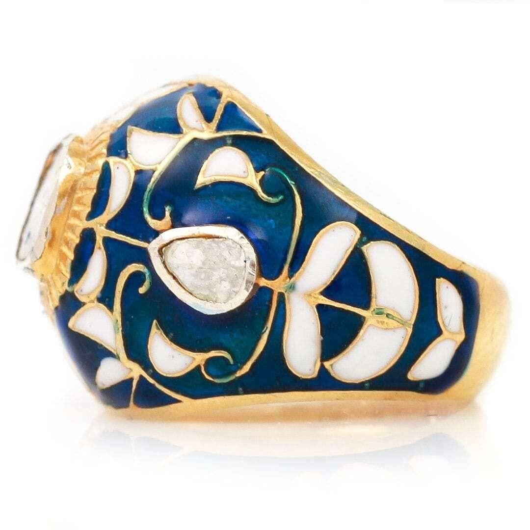 Contemporary Maghal Polki Rose Cut Diamond and Enamel Bombe Ring In Good Condition In Lancashire, Oldham