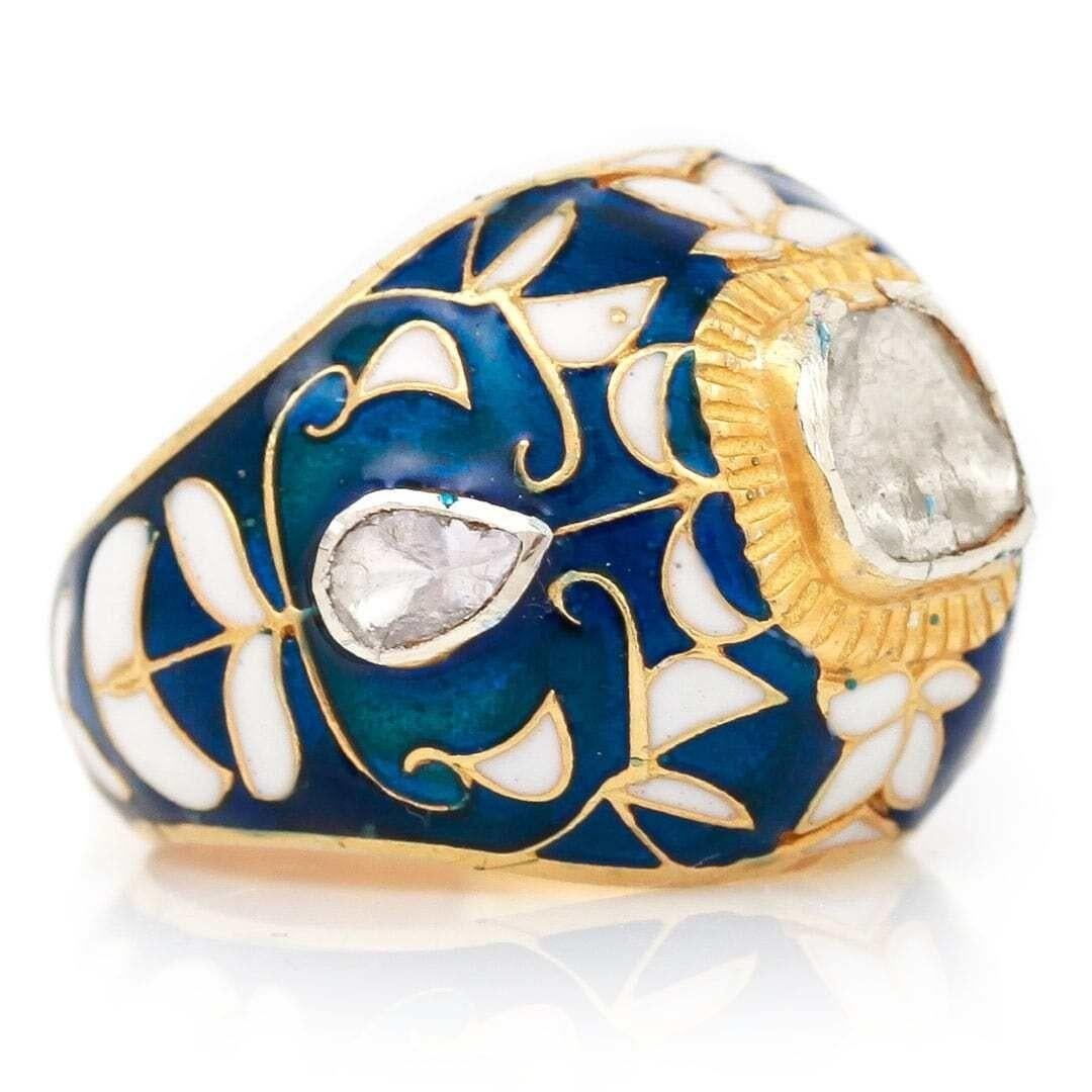 Women's or Men's Contemporary Maghal Polki Rose Cut Diamond and Enamel Bombe Ring