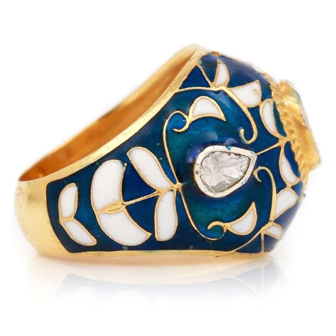 Contemporary Maghal Polki Rose Cut Diamond and Enamel Bombe Ring 1