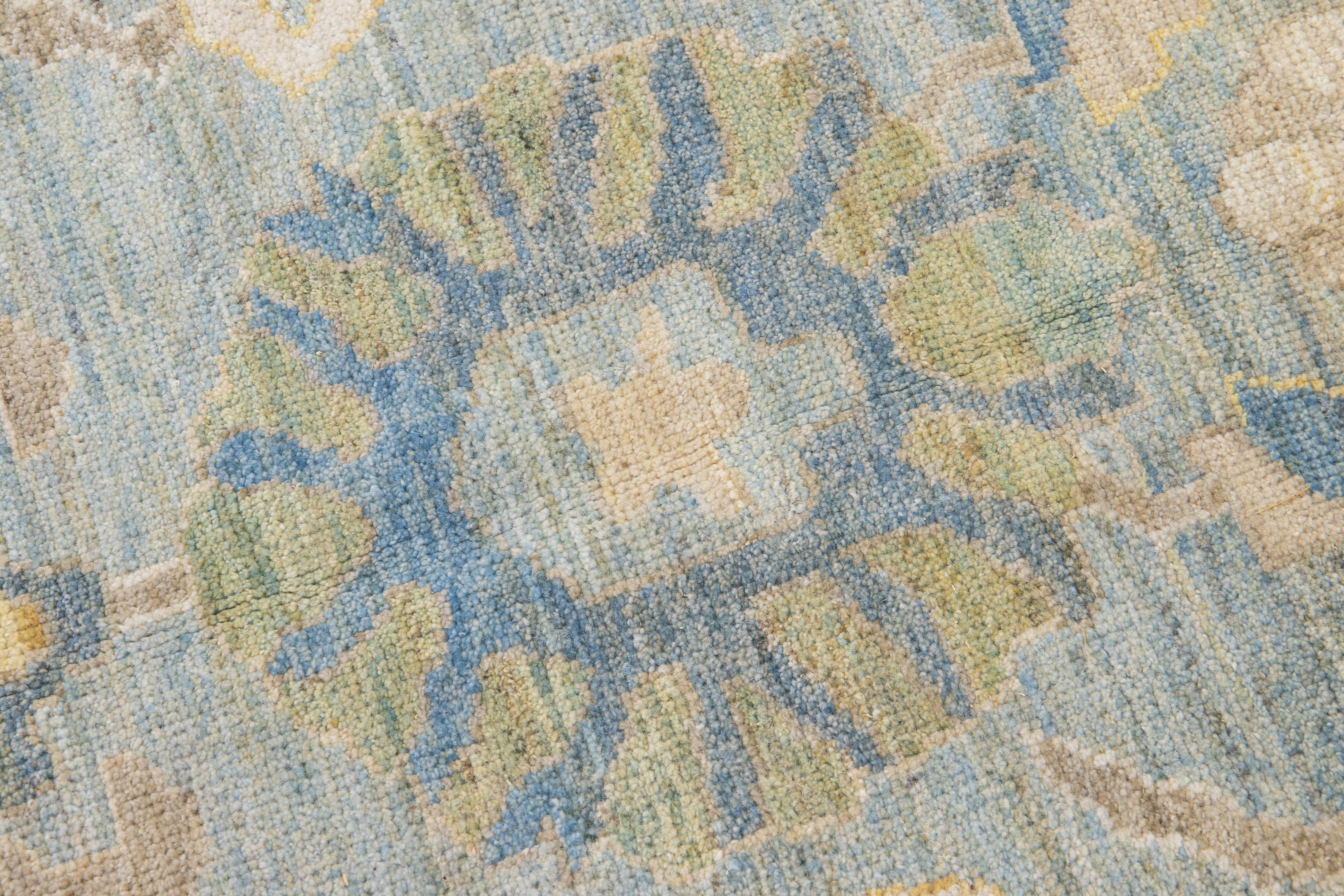 Contemporary Mahal Blue Handmade Wool Runner mit Blumenmuster im Angebot 2
