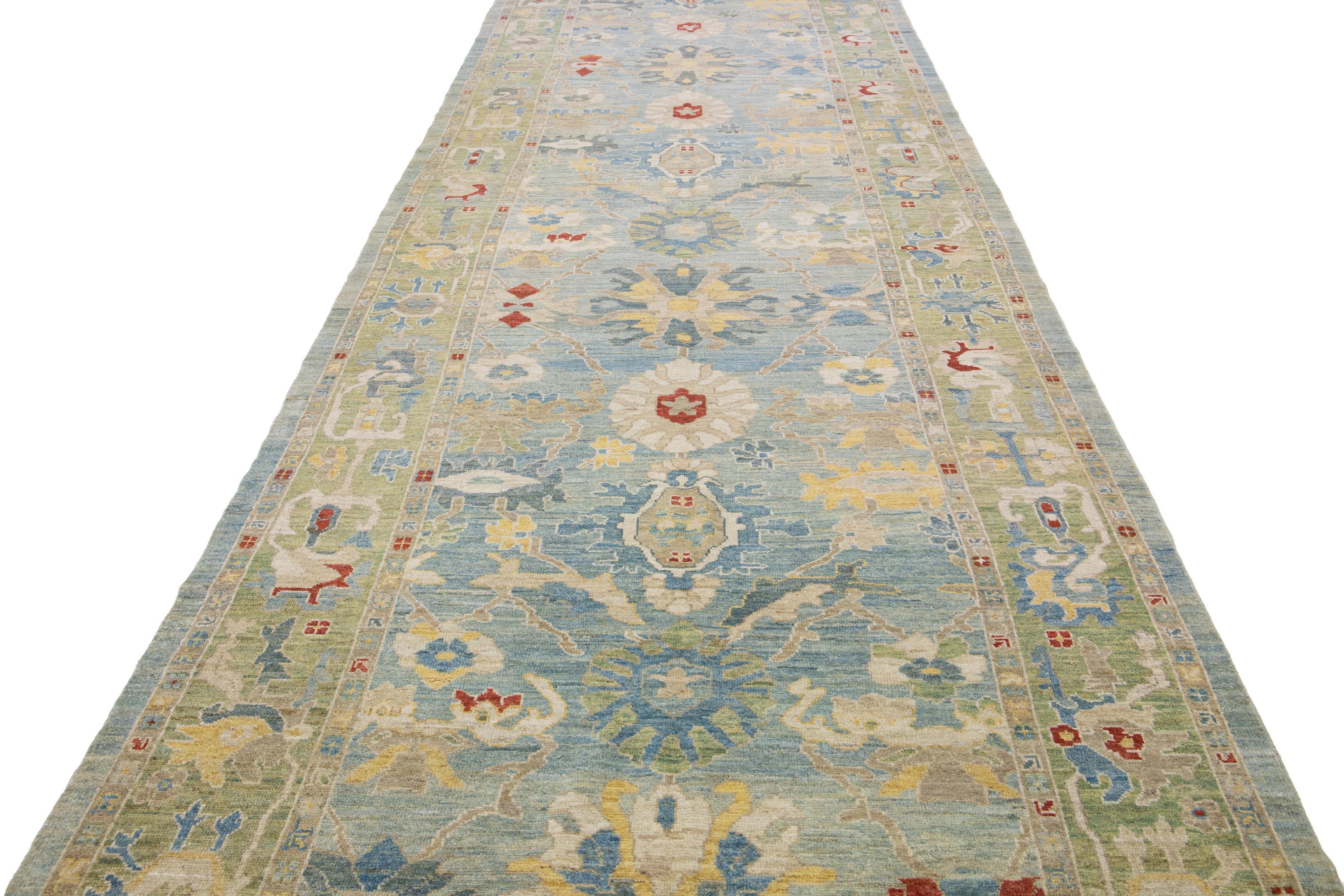 Islamic Contemporary Mahal Blue Handmade Wool Runner with Floral Design For Sale