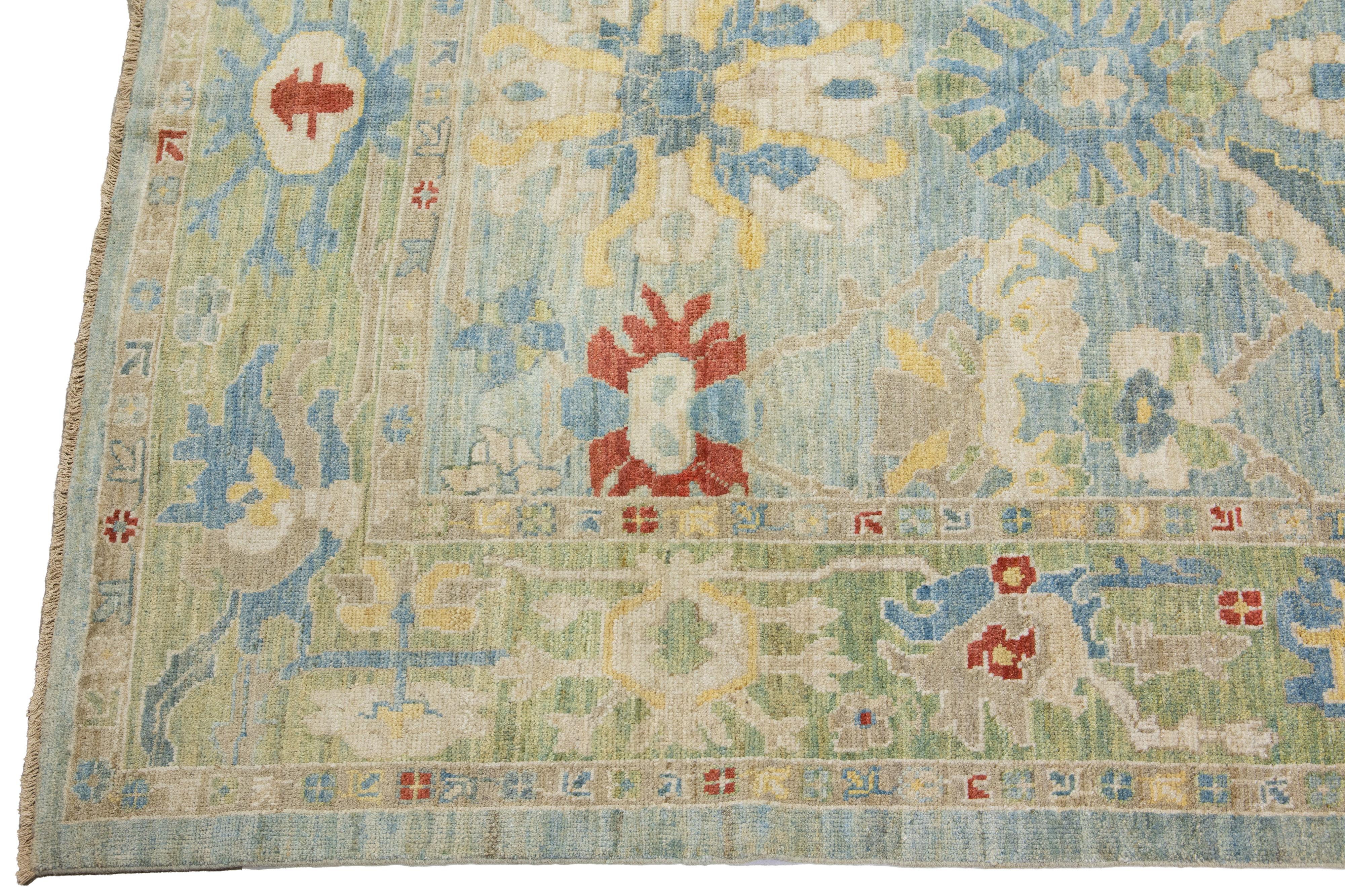 Persian Contemporary Mahal Blue Handmade Wool Runner with Floral Design For Sale