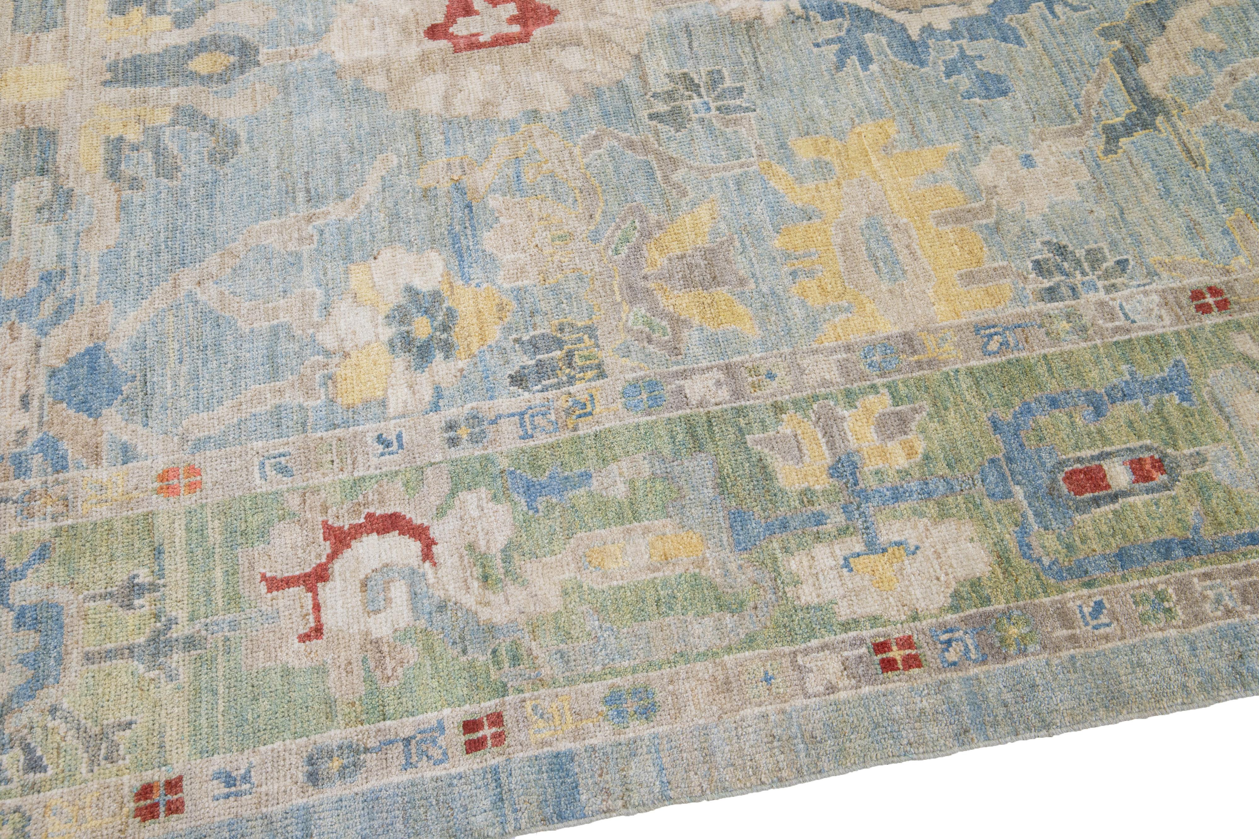 Contemporary Mahal Blue Handmade Wool Runner with Floral Design In New Condition For Sale In Norwalk, CT